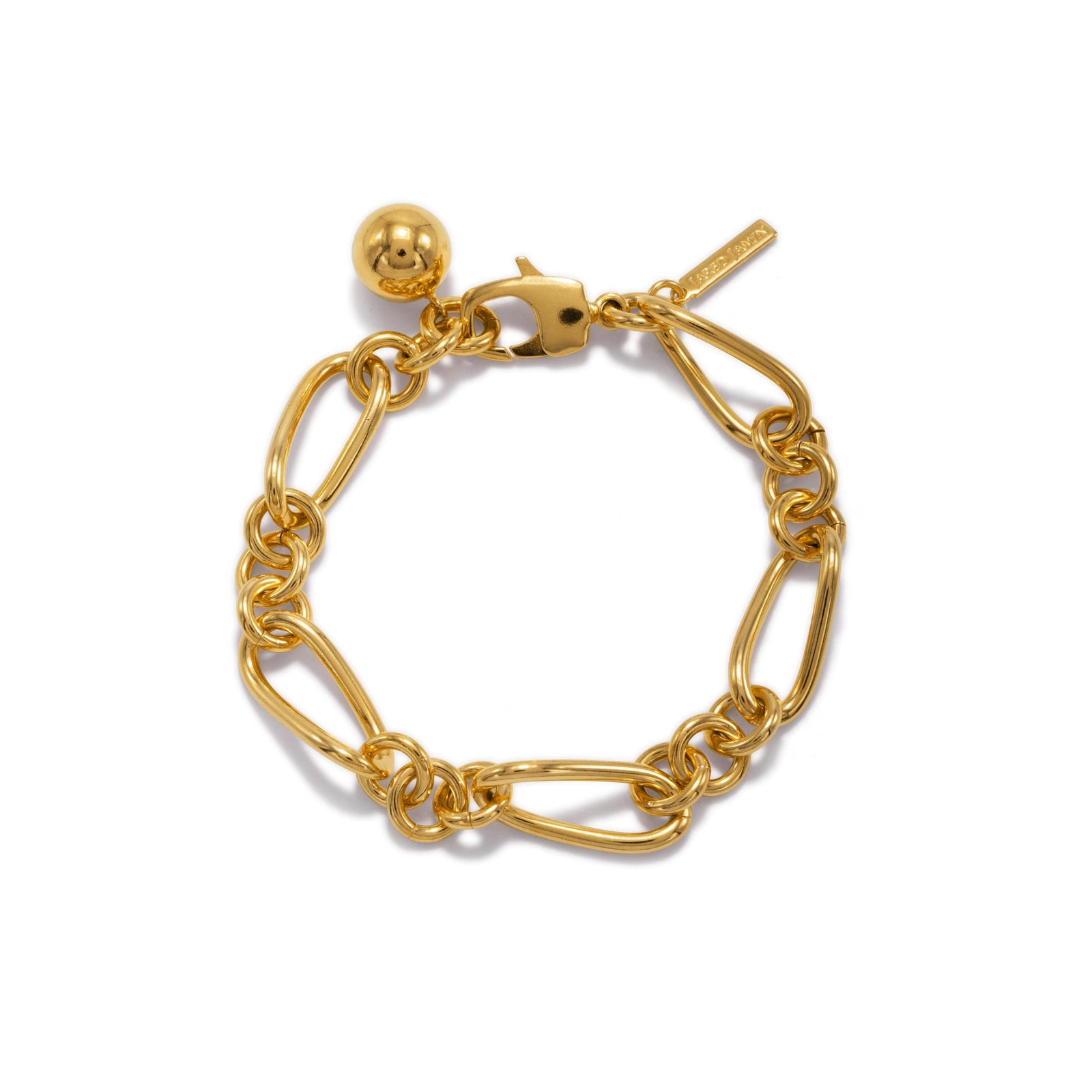The Gold Skyler Chain Bracelet by JAREDJAMIN Jewelry Online features large oval links, a round gold bead charm, small rectangular tag, and lobster clasp. 18K Gold Plated for shine, it adds classic flair to any look.