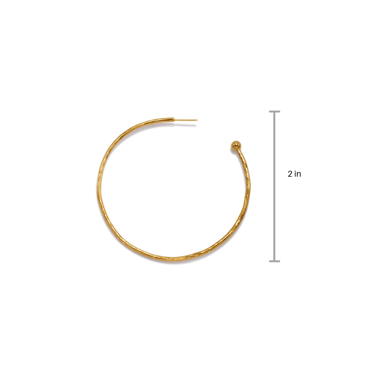 Les or Small Hooptastic créole Post boucles d'oreilles par JAREDJAMIN Bijoux en Ligne are 18K or plated, hammered créoles avec an open end et small round bead, montré sur a fond blanc avec a label marking their 2-inch diameter.