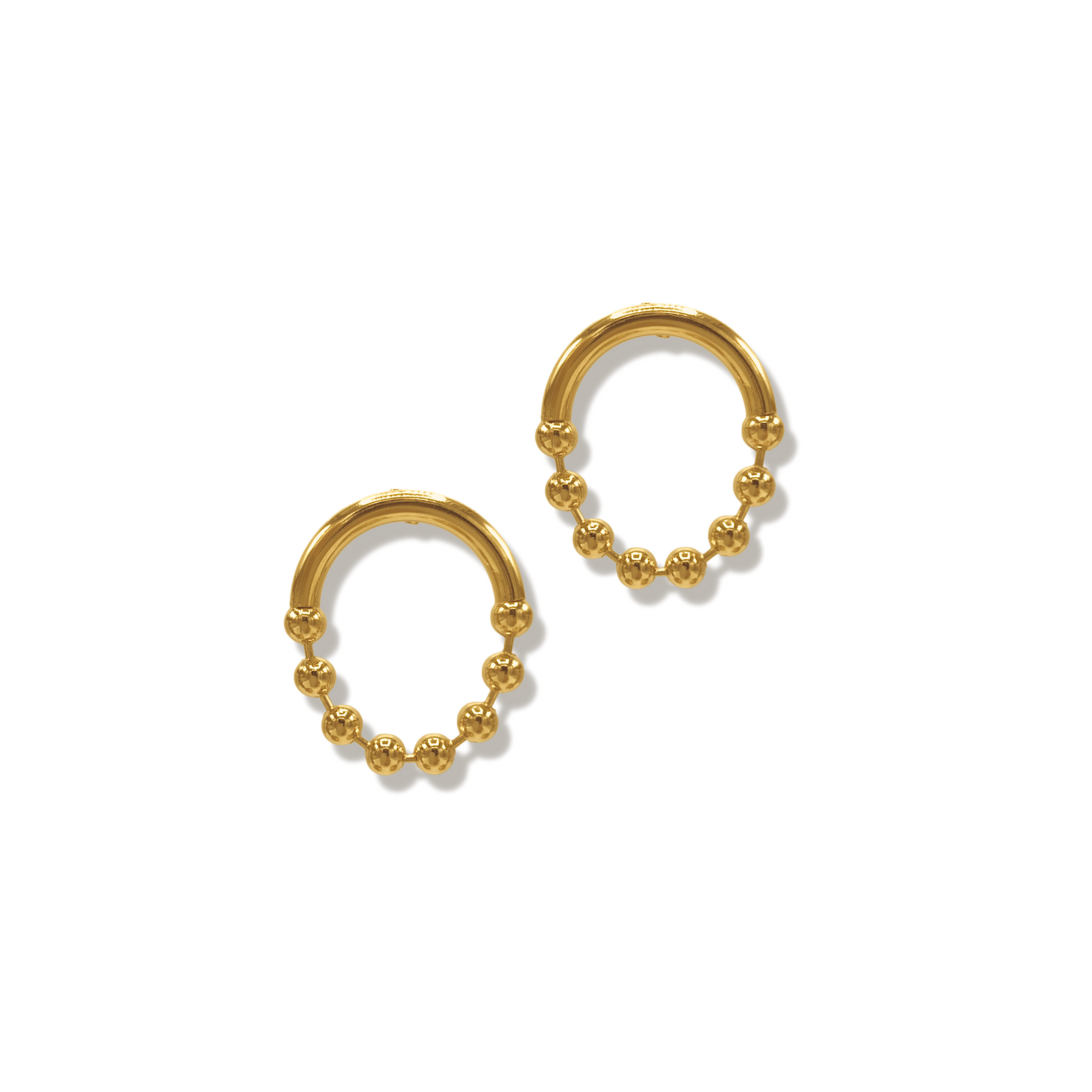The Gold Small Orbita Amari Post Earrings from JAREDJAMIN Jewelry Online feature smooth, rounded beads along each gold-plated hoop for a textured, elegant look. Displayed on a white background, they're crafted with 18K Gold Plate.