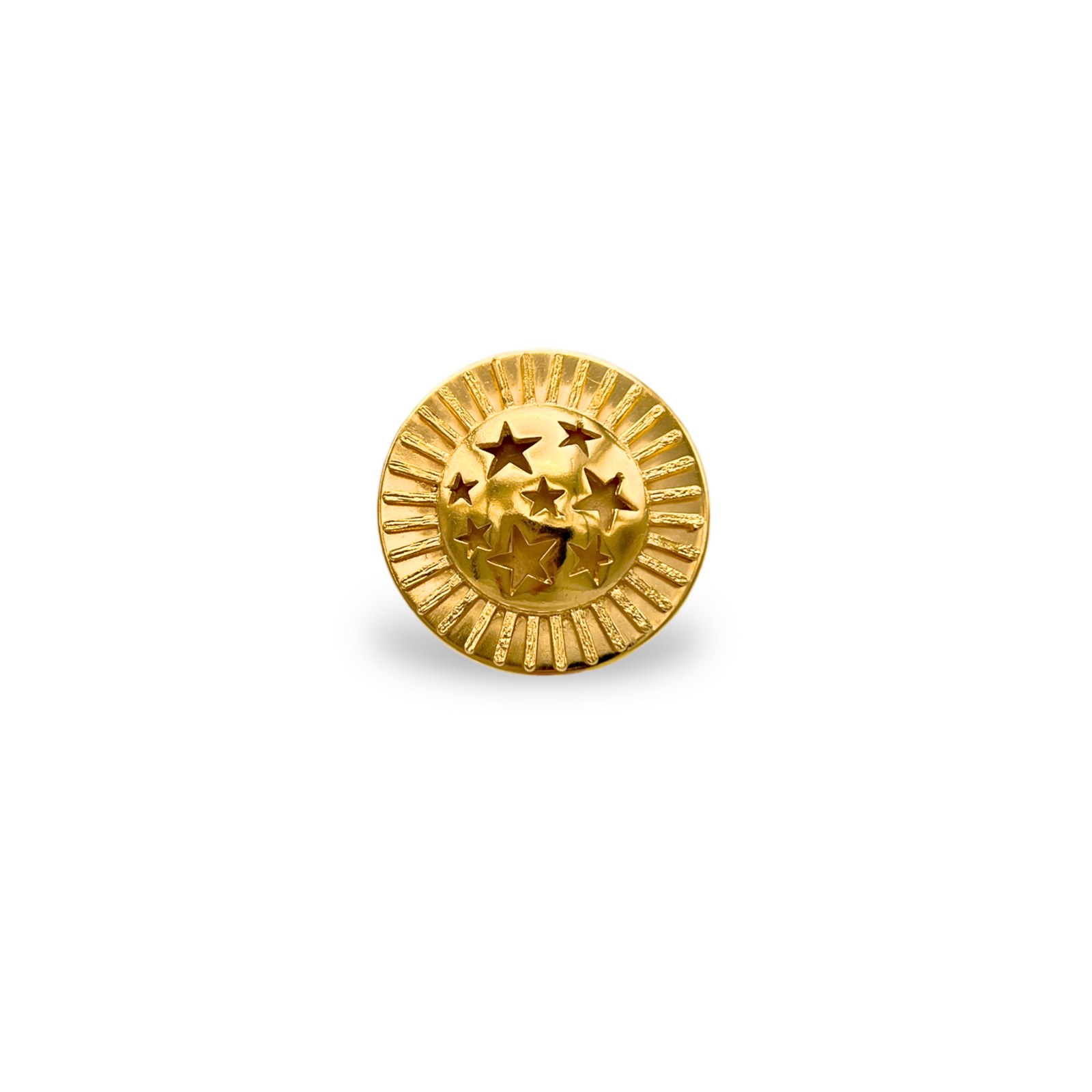 The Starburst Statement Ring by JAREDJAMIN Jewelry Online showcases five embossed stars on an 18K gold-plated, round design with a ridged border, capturing celestial elegance. Presented on a plain white background.