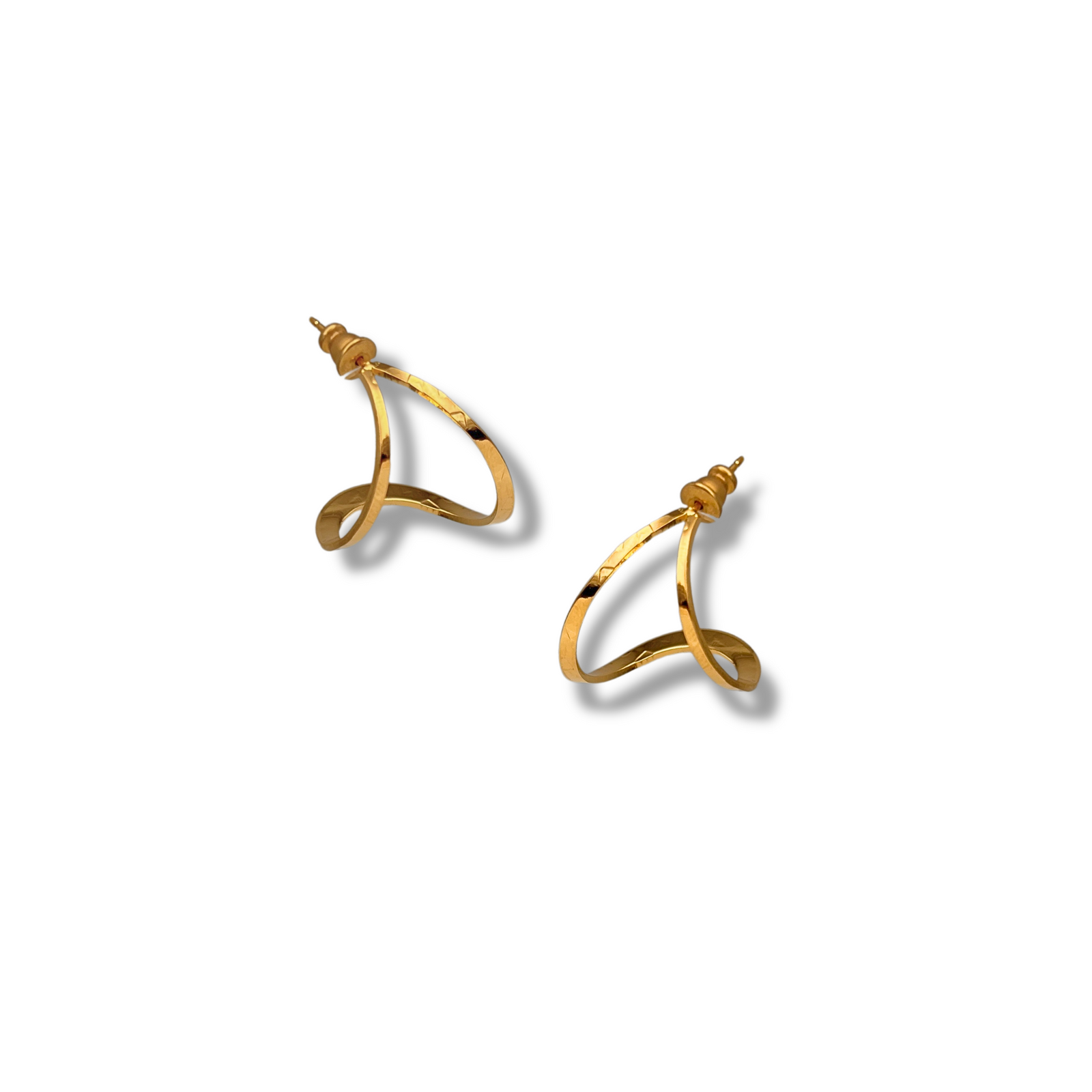 Tabby Earrings by JAREDJAMIN Jewelry Online: 18K Gold abstract twisted loops, each double hoop forming an open, asymmetrical triangle with a shiny, reflective finish that casts a soft shadow on a white background.