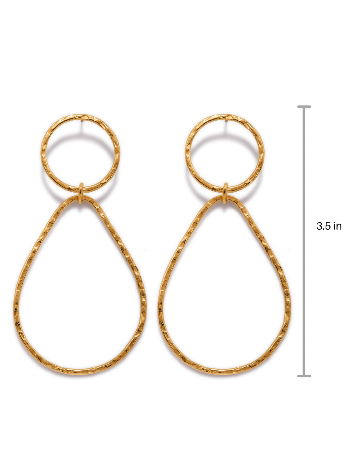 The Gold Textured Tear Post Earrings from JAREDJAMIN Jewelry Online showcase two 18K gold-plated hoops with a smaller circle linked to a larger teardrop. Set against a white background, these elegant earrings feature textured metal and measure 3.5 inches in length.