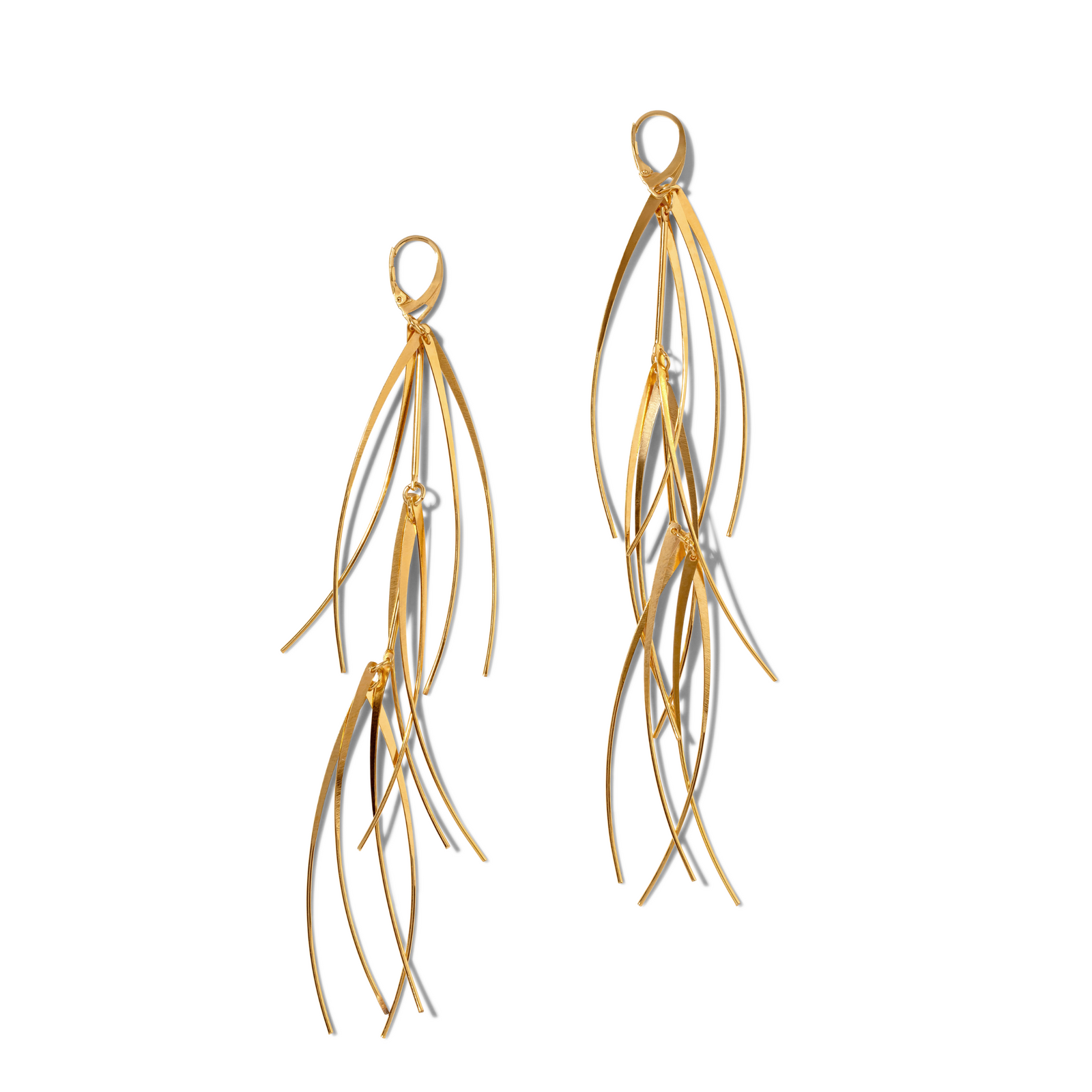 The Gold Long Tinsel Earrings by JAREDJAMIN Jewelry Online are asymmetrical 18K gold plated dangle earrings with thin, curved strands. The left is shorter and simpler, the right is longer and layered; both have secure lever back closures.