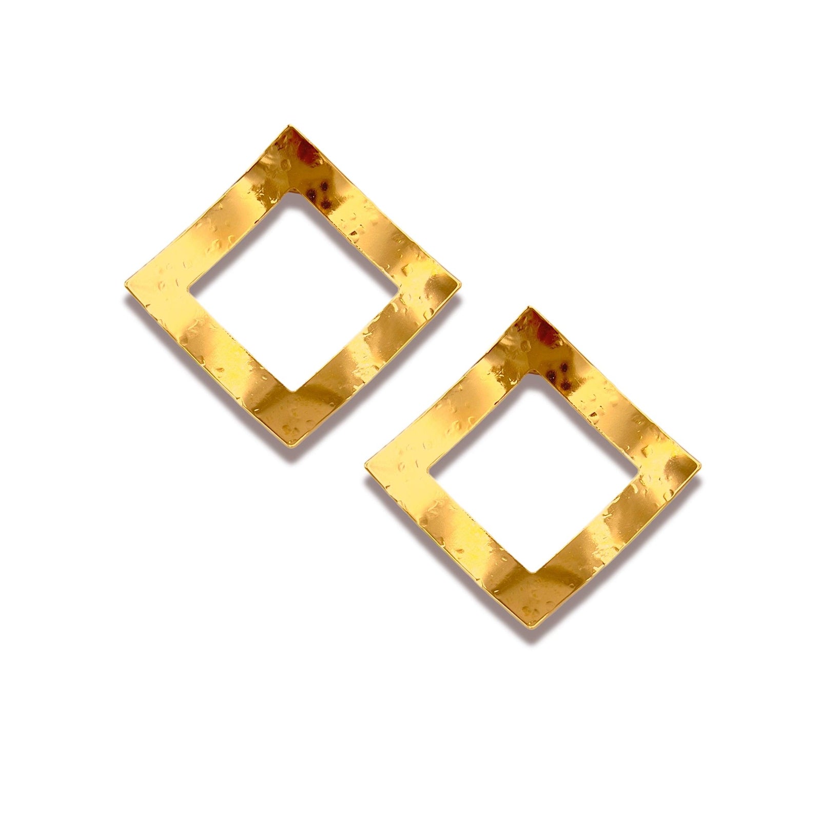The Gold Toscana Diamond Post Earrings from JAREDJAMIN Jewelry Online feature 18K gold plating, a hammered handmade texture, an open square center, and diamond-shaped design for an artistic touch.