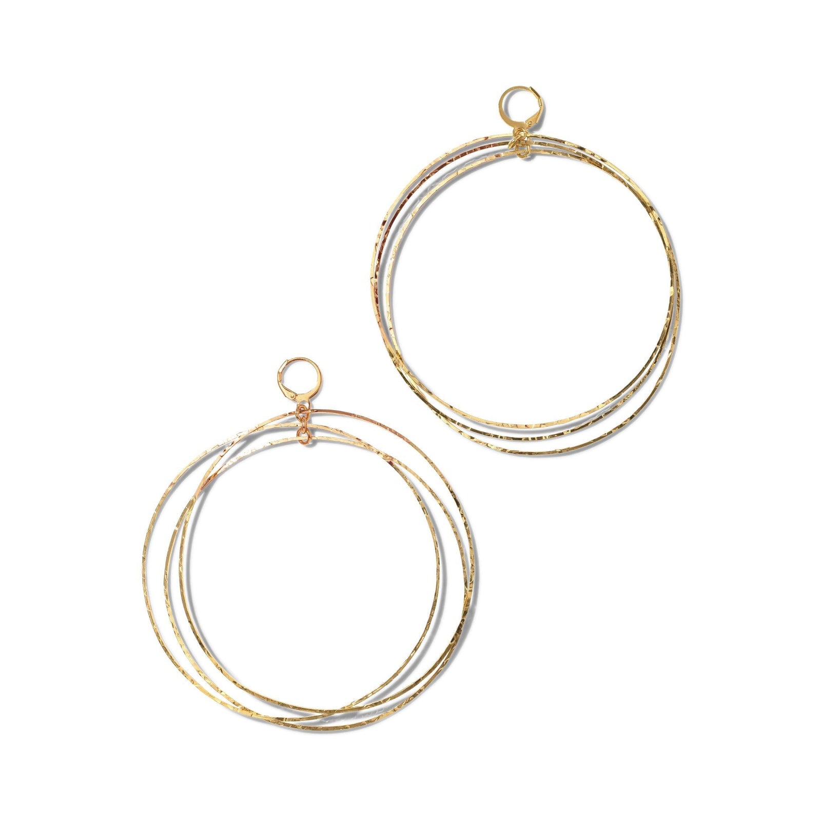The Gold Triple Halo Hoop Earrings by JAREDJAMIN Jewelry Online feature two pairs of gold-tone hammered brass hoops, each with three interlocking rings and a shiny finish, plus small loops for attaching to earring hooks.