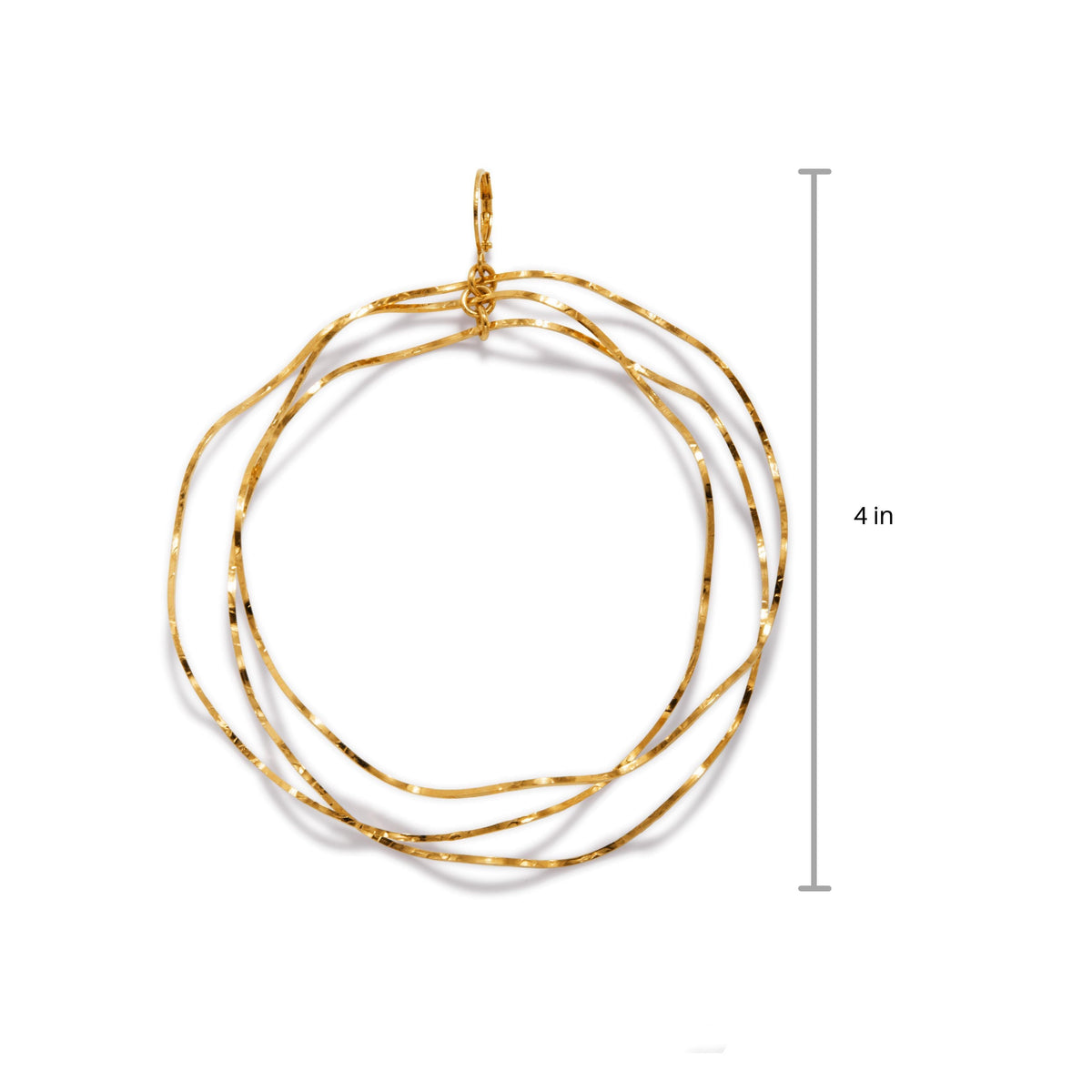 The Gold Triple Wavy Halo Hoop Earrings by JAREDJAMIN Jewelry Online feature three thin, wavy hoops of textured gold-plated brass linked at one point and hanging vertically; a gray line marks their 4-inch height on a plain white background.