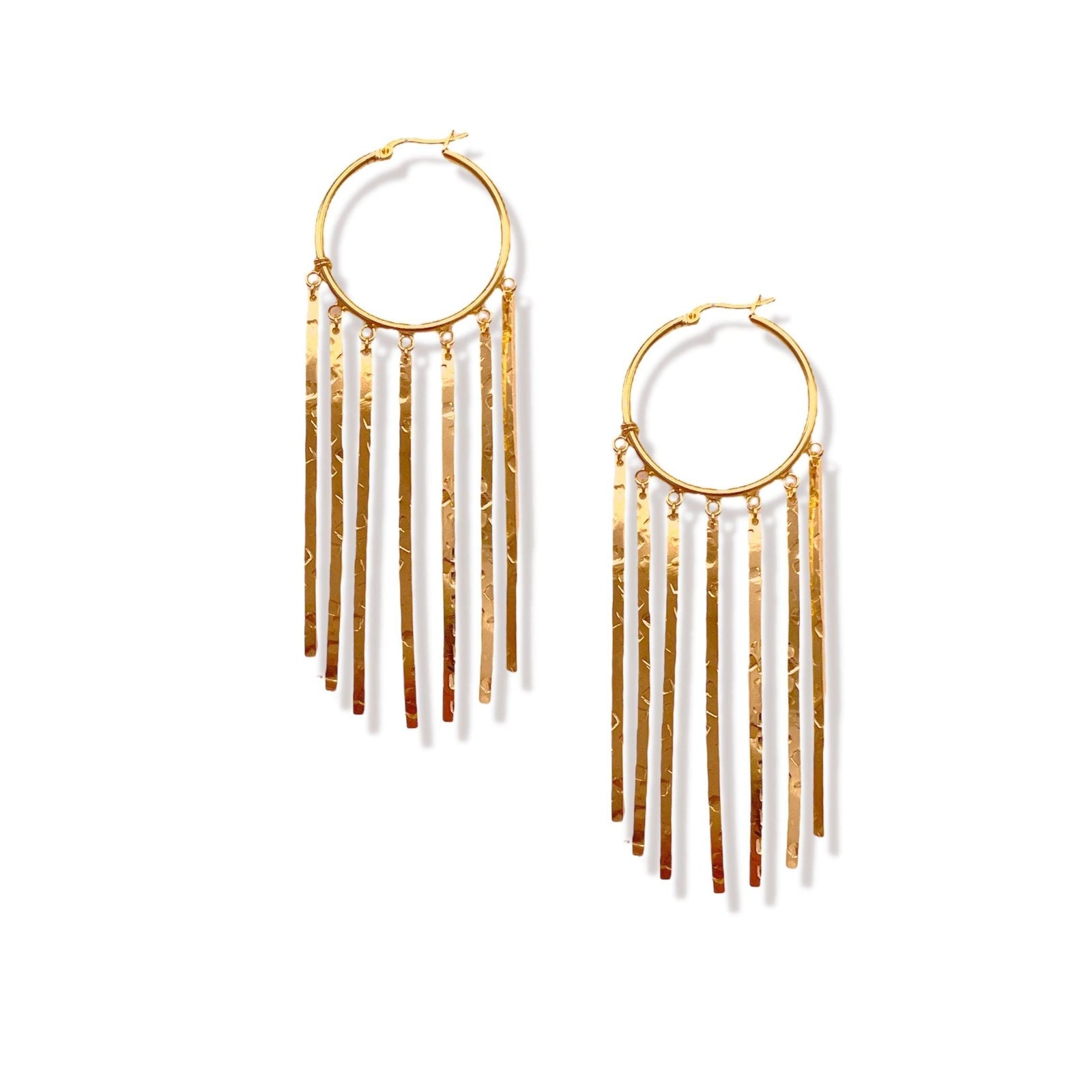 The JAREDJAMIN Jewelry Online Gold Wind Catcher Leverback Dangle Earrings feature multiple thin, textured 18K gold plated bars in a fringe pattern, creating an elegant, Mesoamerican-inspired statement look. White background.
