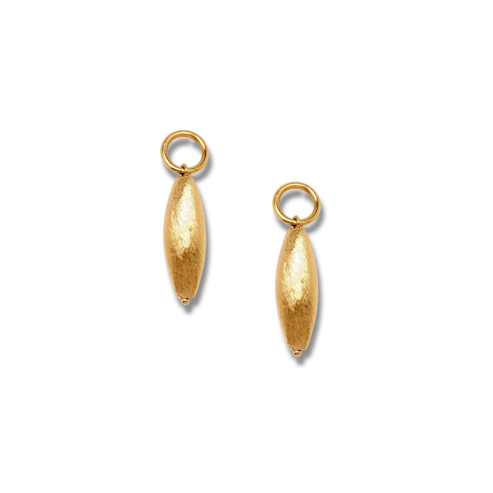 Zeppelin Gold Earring Charms by JAREDJAMIN Jewelry Online: 18K gold plated drop earrings with hollow Zeppelin charms and elongated textured pendants on simple gold hoops, shown against a plain white background.
