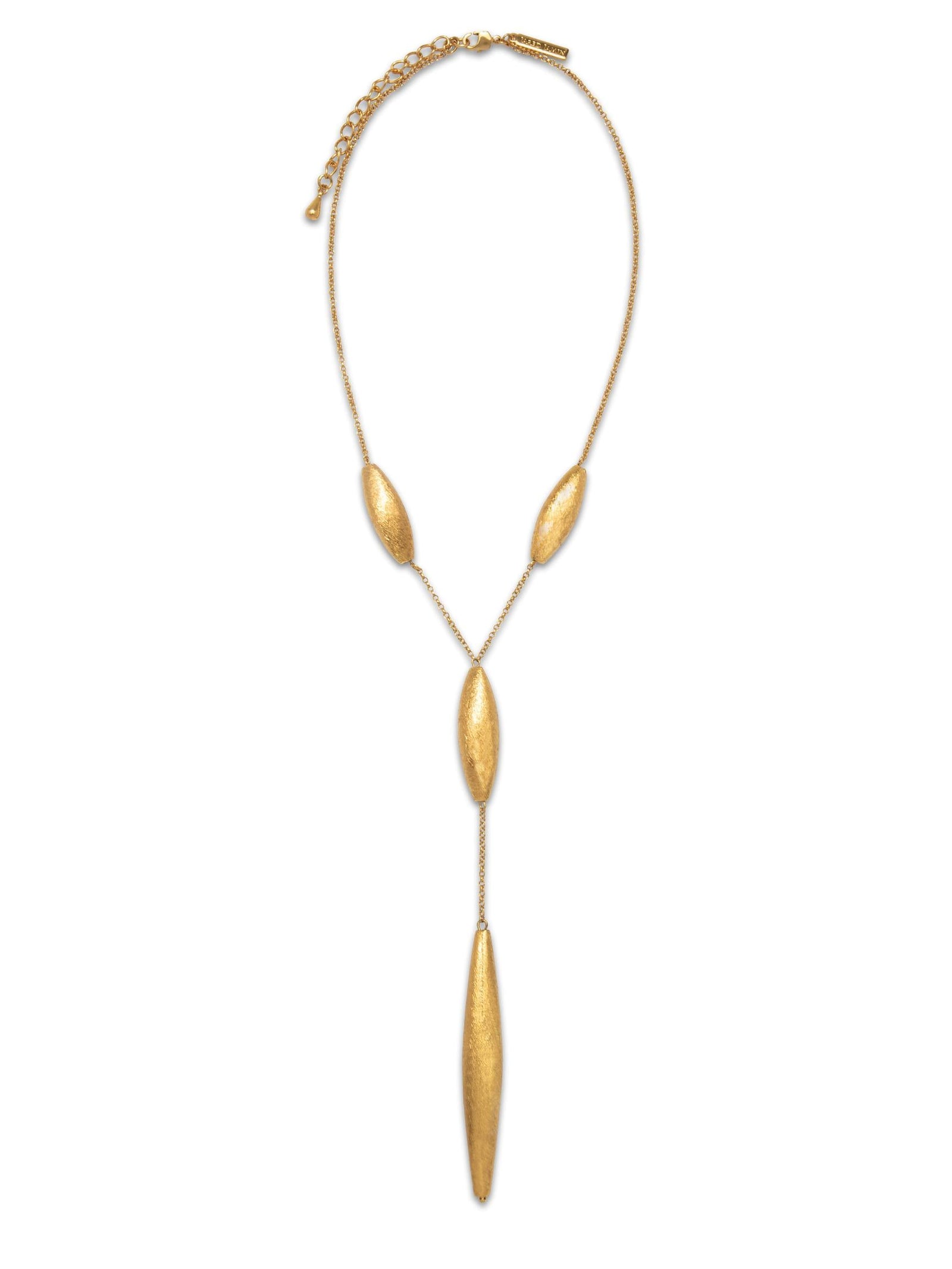 The Gold Zeppelin Y-Necklace by JAREDJAMIN Jewelry Online features a delicate, E-coated 18K gold-plated chain with three oval beads and a long tapered center bead, plus an adjustable clasp for the perfect fit.