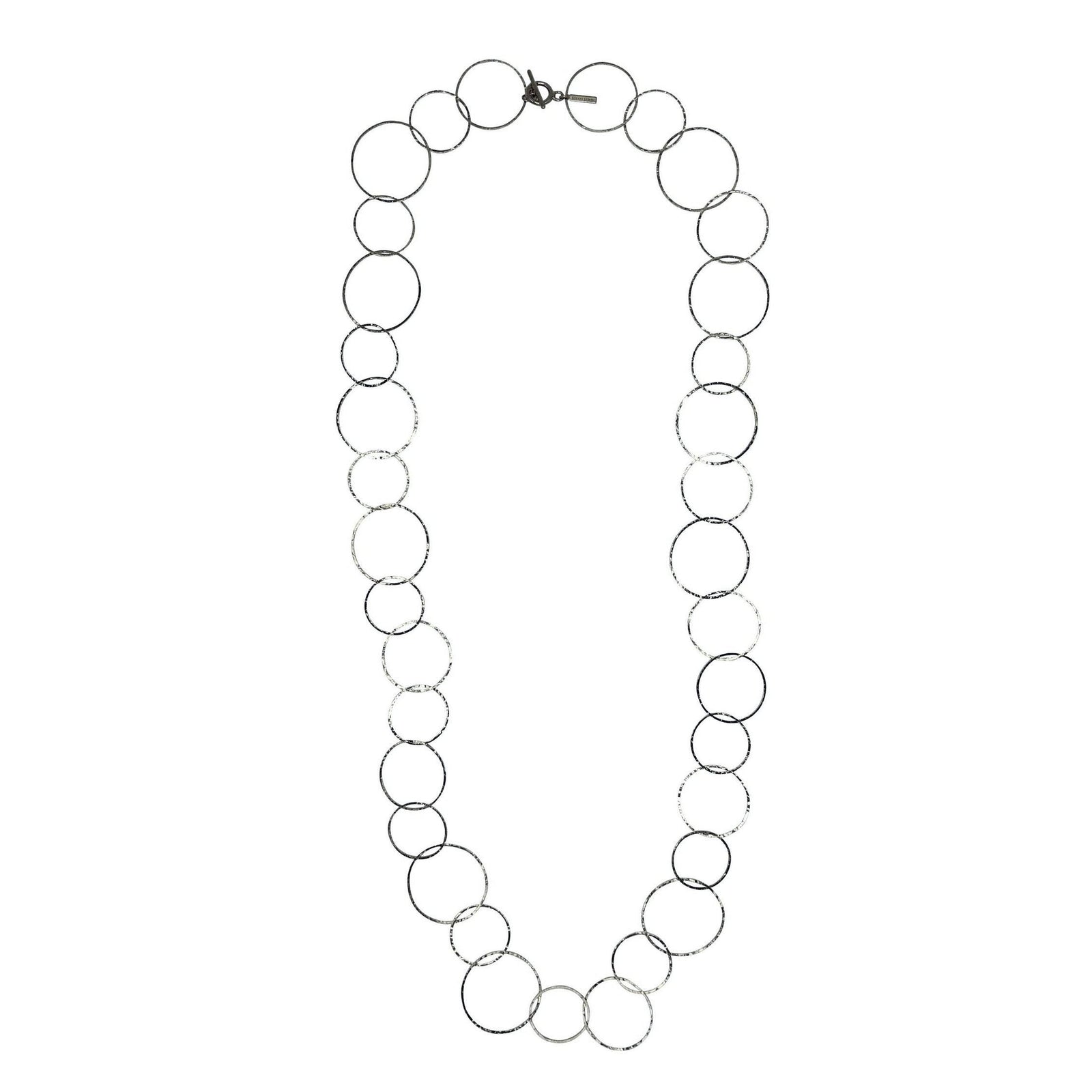 The Silver Halo Lindy Links Long Necklace by JAREDJAMIN Jewelry Online features large, textured silver rings linked in a continuous chain with a toggle clasp and White Rhodium Plating for lasting shine and modern elegance.