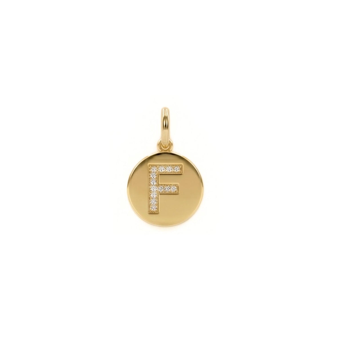 Hand-assembled in our West Hollywood studio, this small-batch gold round pendant sculpts the letter “F” in clear pavé-set stones. Responsibly made and quietly bold, it punctuates both crisp shirting or layered evening looks with ease.