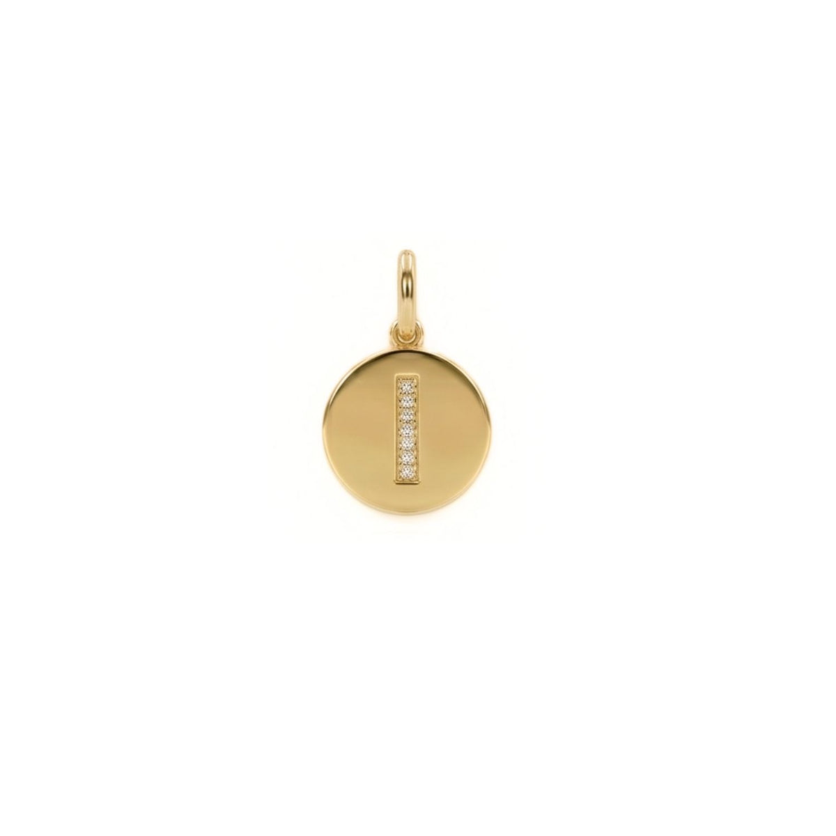 Hand-assembled in our West Hollywood studio, this round gold pendant captures a polished gleam, punctuated by a vertical column of cubic zirconia. Small-batch and eco-conscious. Style Note: reframes crisp shirts or soft knits with quiet luxe. On white backdrop.