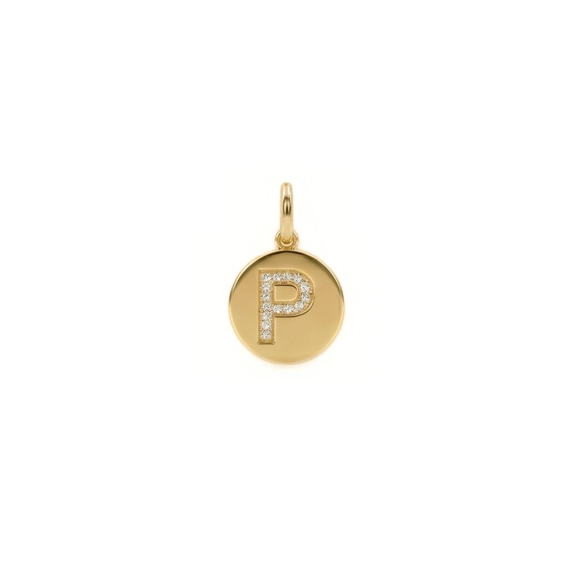 Hand-assembled in our West Hollywood studio, this gold pavé “P” charm refracts light with precision-cut diamonds. Crafted in eco-conscious, small batches. Style Note: seamlessly punctuates both classic shirting and pared-back luxe evening looks. Displayed on white.