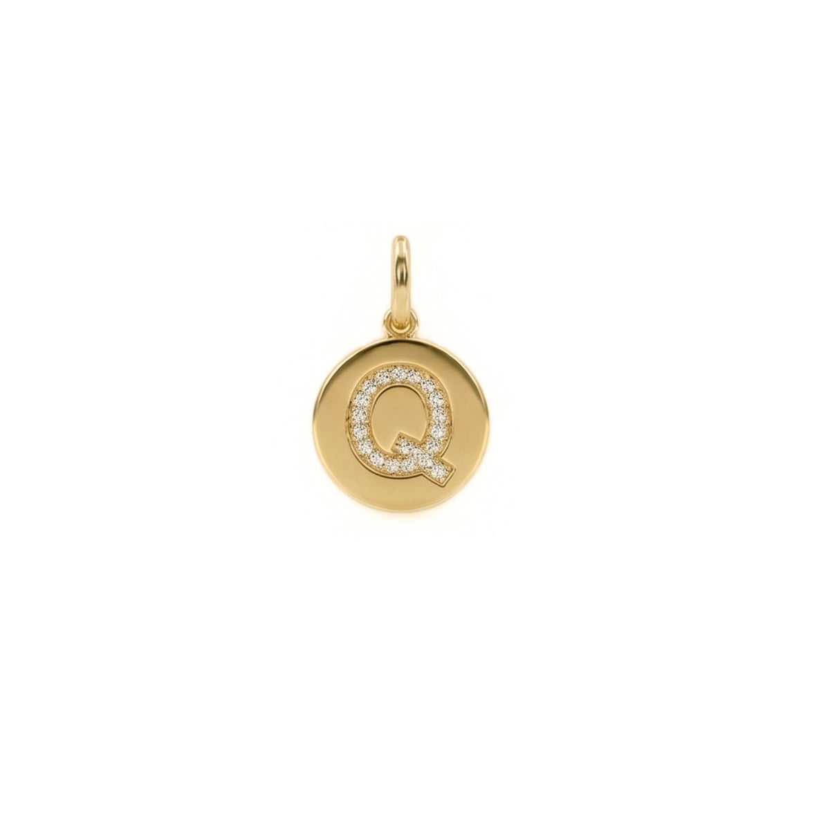 A hand-assembled West Hollywood piece: the Gold Pave Initial Charm sculpts a raised, cubic-zirconia encrusted “Q,” refracting light with a gold loop. Crafted in eco-conscious small batches. Style Note: punctuates crisp shirts to silk slips.