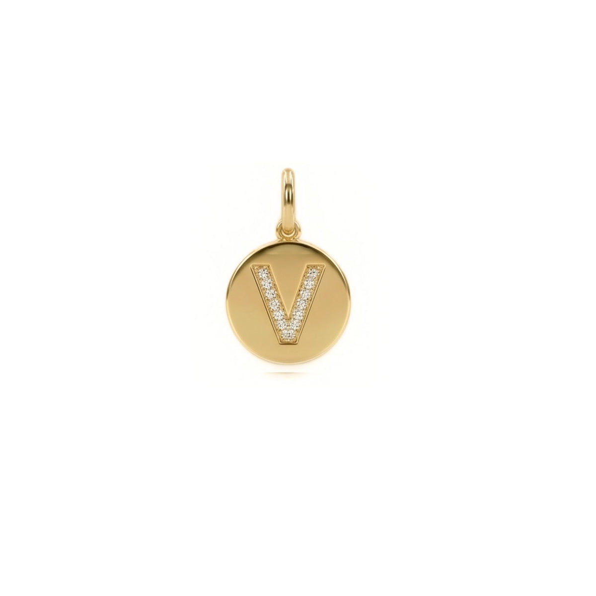 Hand-assembled in our West Hollywood studio, this round gold pendant refracts light with its diamond-scattered “V.” Crafted in small batches using eco-conscious methods. Style Note: Layer with silks or sharp tailoring for seamless day-to-evening punctuation.
