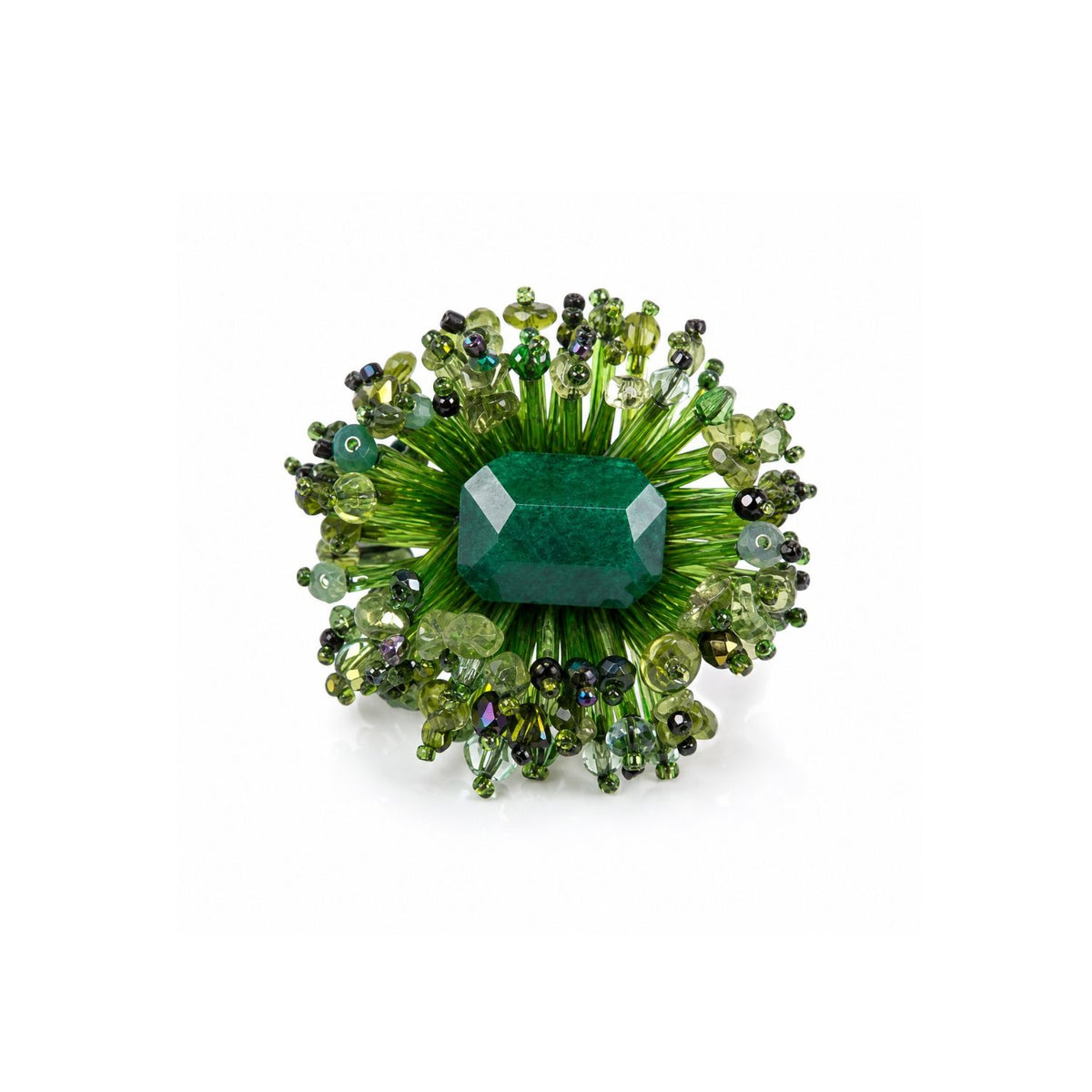 High-resolution, sharp e-commerce flat lay photography shot directly from above using a Canon EOS 5D Mark IV with a macro lens, featuring the JAREDJAMIN Ivy Green Beaded Burst Ring on a white background to highlight the dyed green quartz center and hand-embroidered glass bead halo.