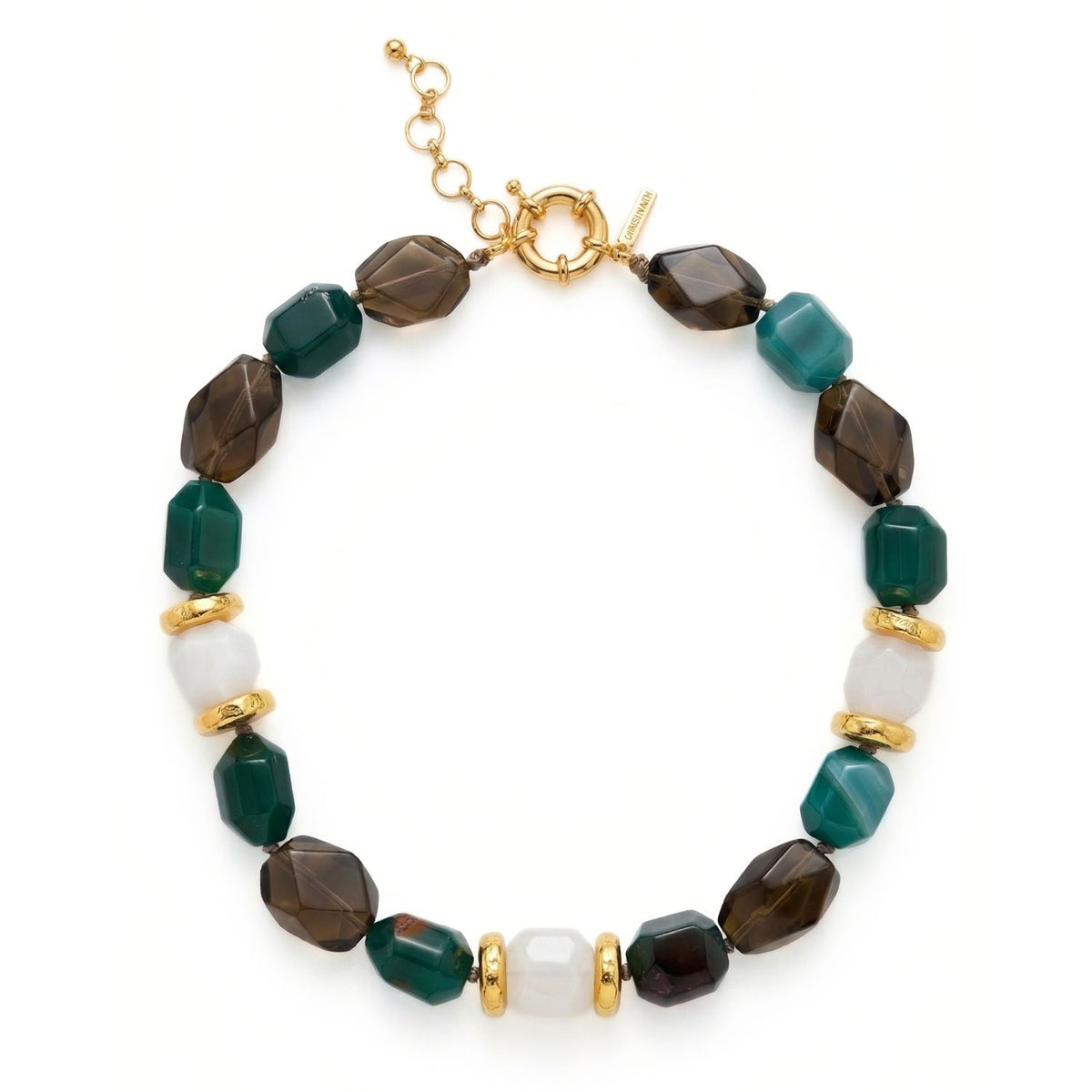 Hand-assembled in our West Hollywood studio, the Green Dream Necklace interplays faceted dark green stones and smooth white beads, punctuated by 18k gold-plated rings. Crafted in small batches with eco-conscious care. Style note: layers effortlessly from sharp tailoring to silk.