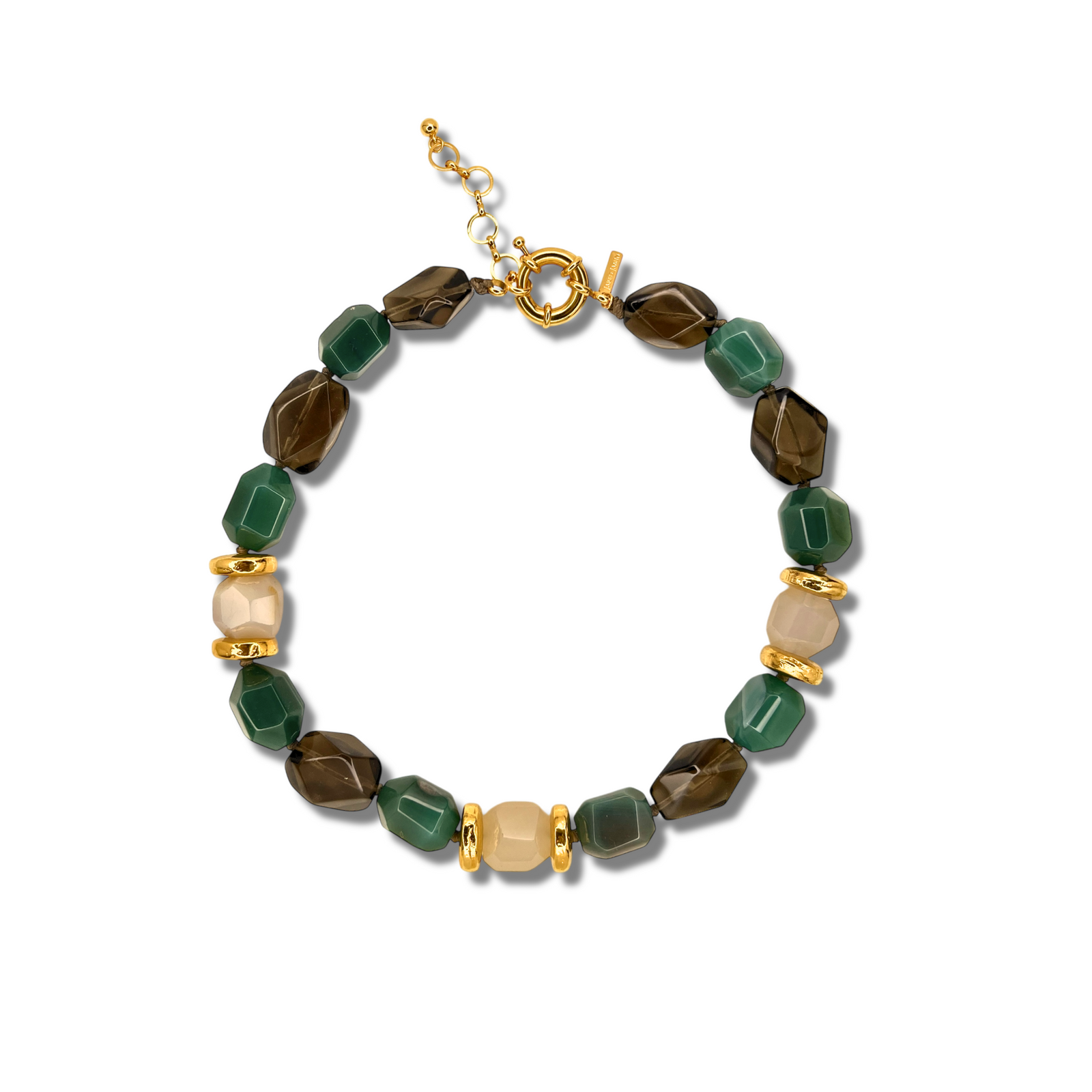 The Green Dream Necklace by JAREDJAMIN Jewelry Online features alternating faceted green agate, brown, and beige beads with gold spacers and an 18K plated clasp plus an adjustable chain for a polished geometric look.