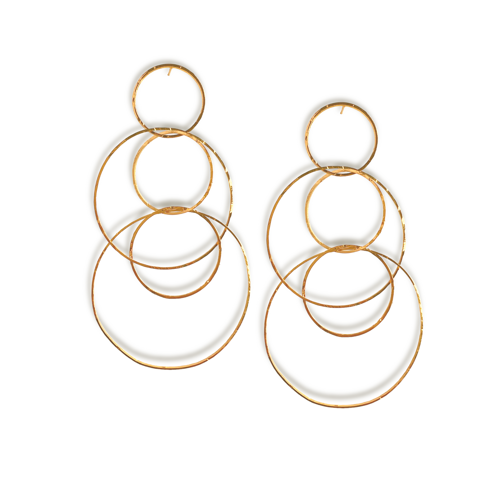The Halo Lindy Chandelier Drop Earrings by JAREDJAMIN Jewelry Online feature three interlocking, textured 18k gold-plated hoops in increasing size, arranged vertically and displayed on a white background.