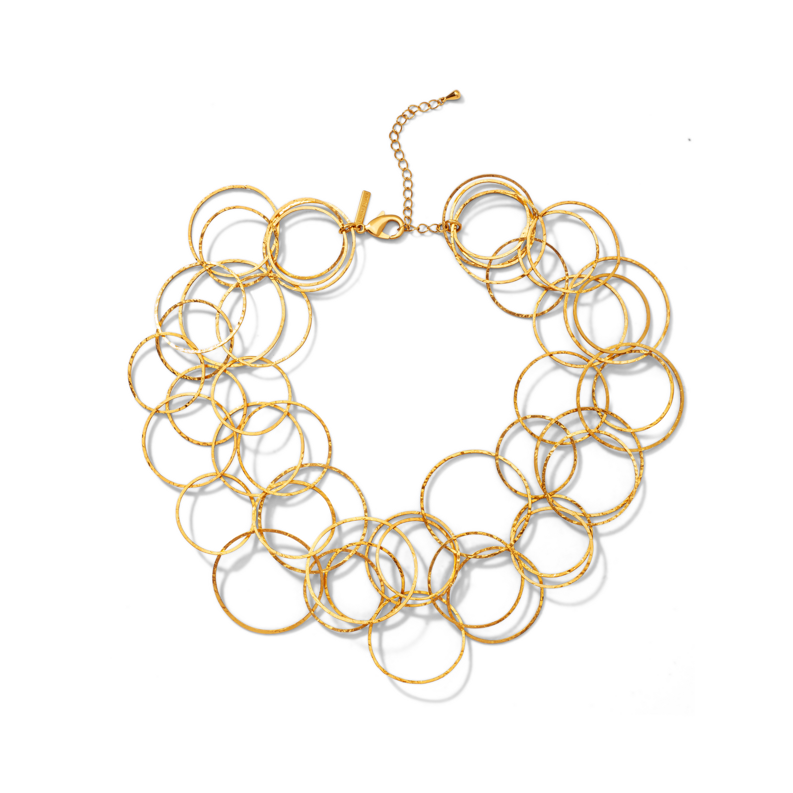 The JAREDJAMIN Jewelry Online Gold Halo Lindy Links Layered Necklace features multiple interlocking hammered 18K gold-plated brass links, a chain extender, and lobster clasp closure, shown against a white background.