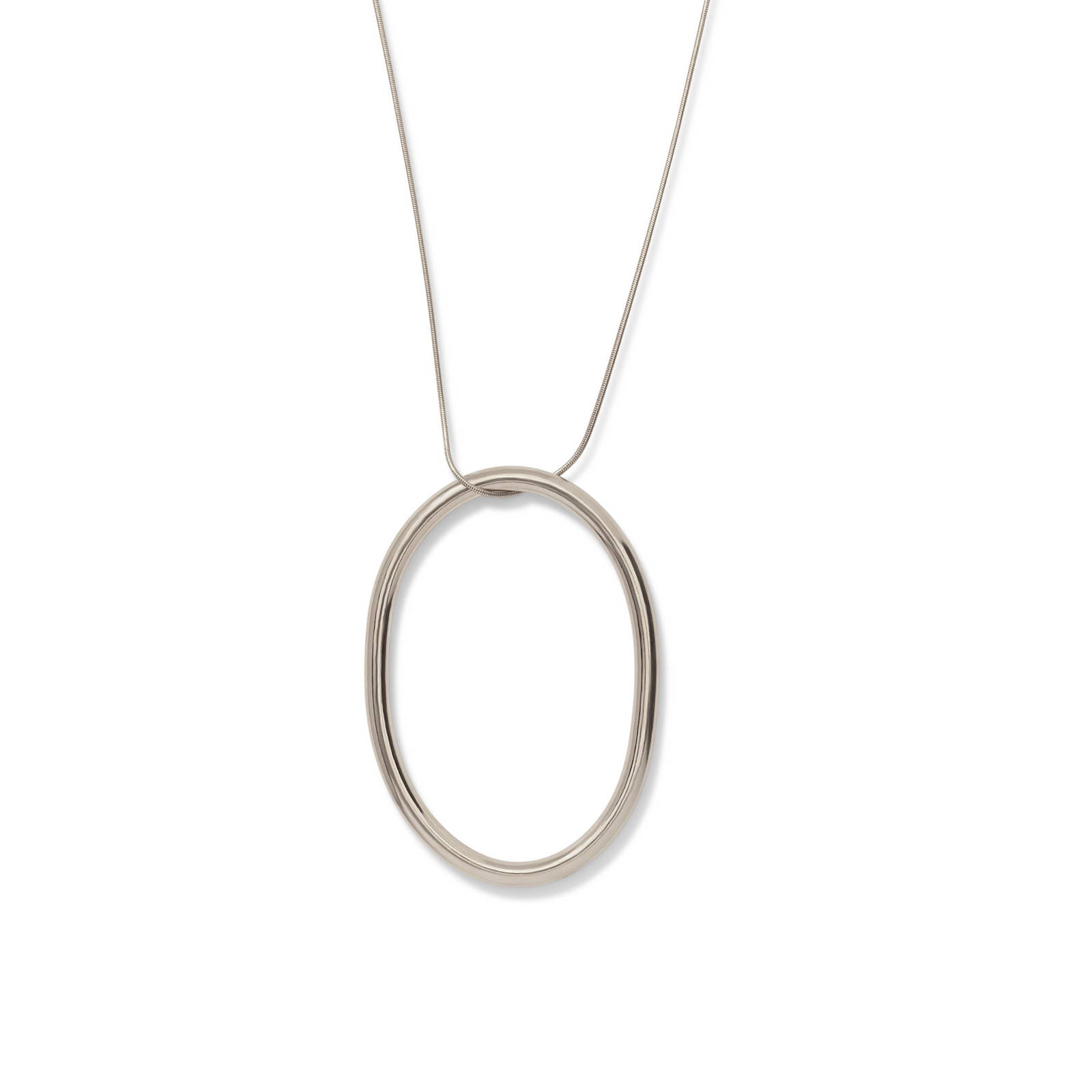 The Heavenly Hoop Oval Pendant Necklace by JAREDJAMIN Jewelry Online features a minimalist 18K gold-tone snake link chain with a large, smooth oval solid brass pendant, showcased on a plain white background with the clasp visible at the top.