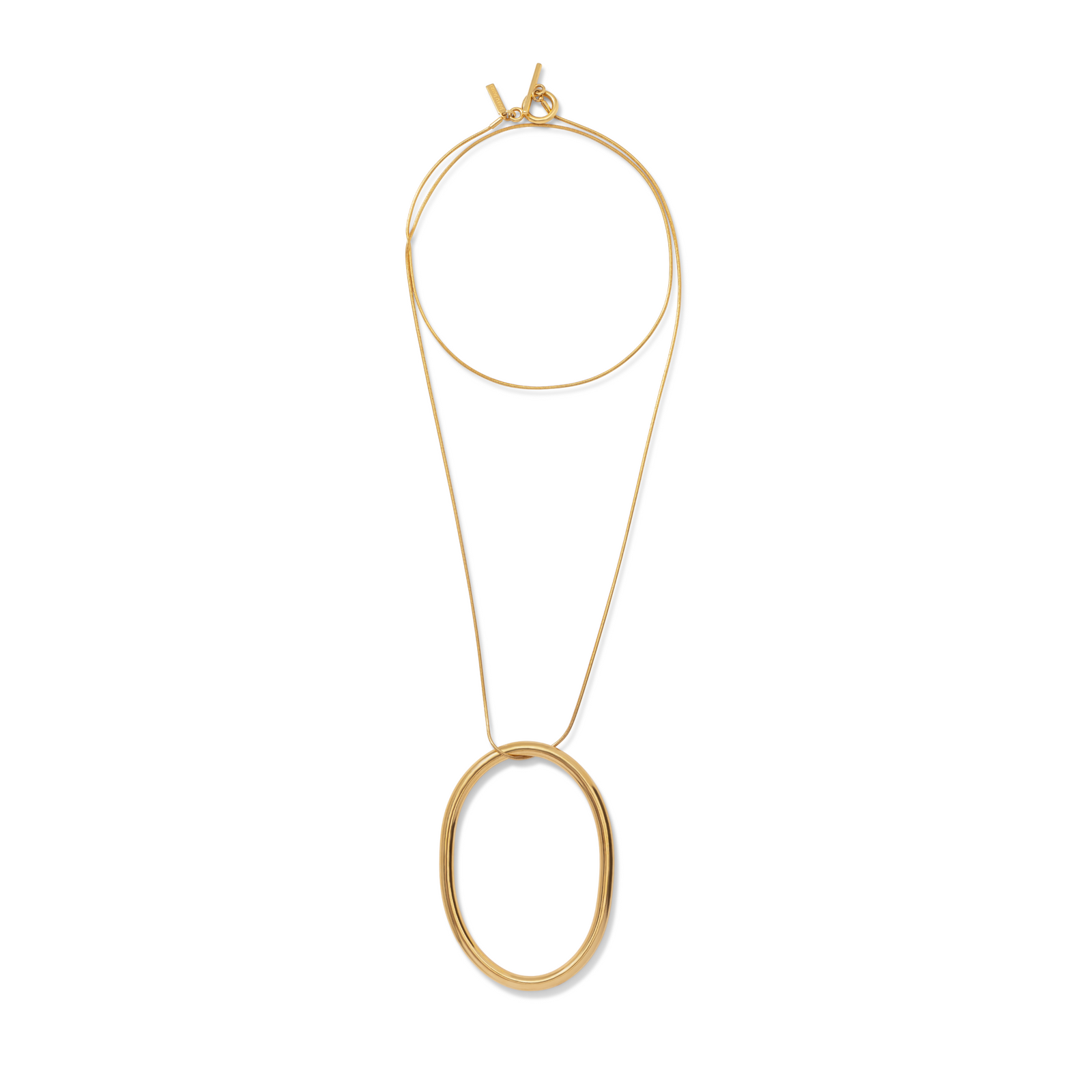 The Heavenly Hoop Oval Pendant Necklace by JAREDJAMIN Jewelry Online features a minimalist 18K gold-tone snake link chain with a large, smooth oval solid brass pendant, showcased on a plain white background with the clasp visible at the top.