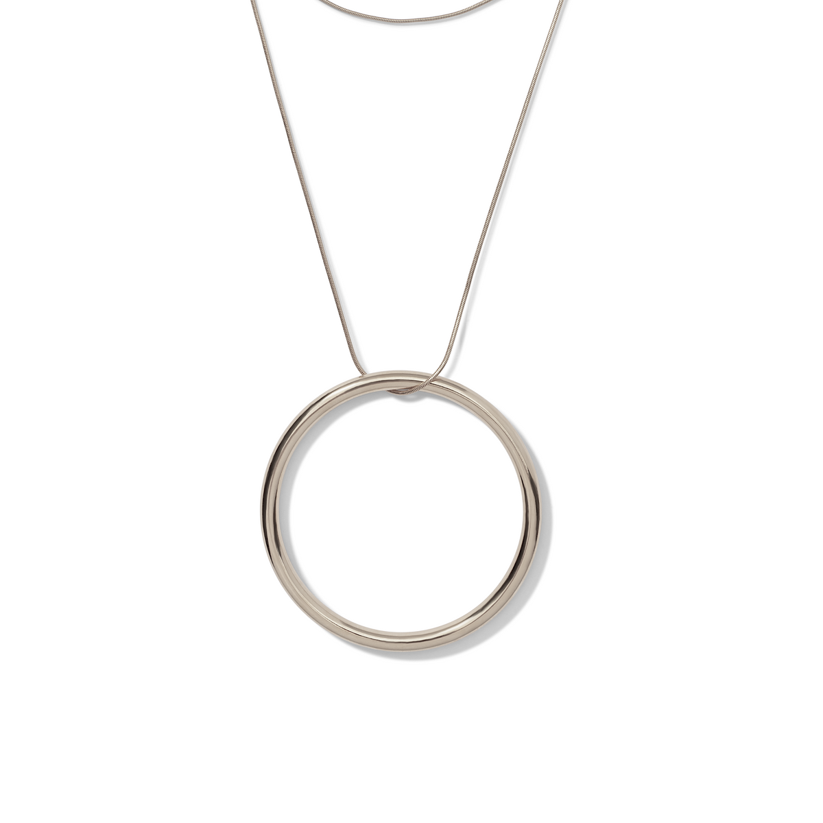 The Heavenly Hoop Necklace in high-shine White Bronze silver plate, showcasing the signature toggle clasp detail.