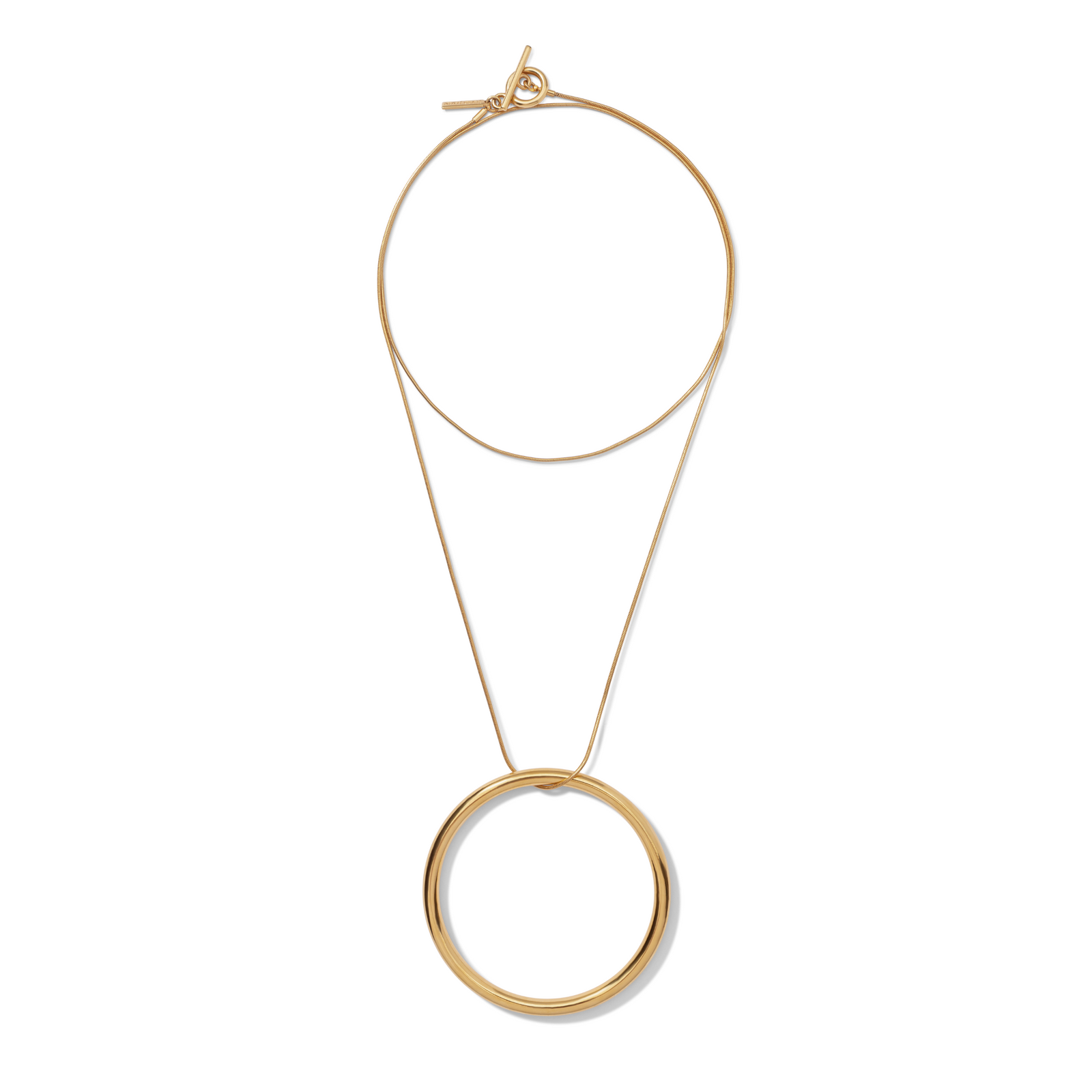 The Heavenly Hoop Round Pendant Necklace by JAREDJAMIN Jewelry Online features a minimalist 18K gold-tone snake chain and a smooth circular pendant. Its polished gold finish and modern design stand out on a white background.