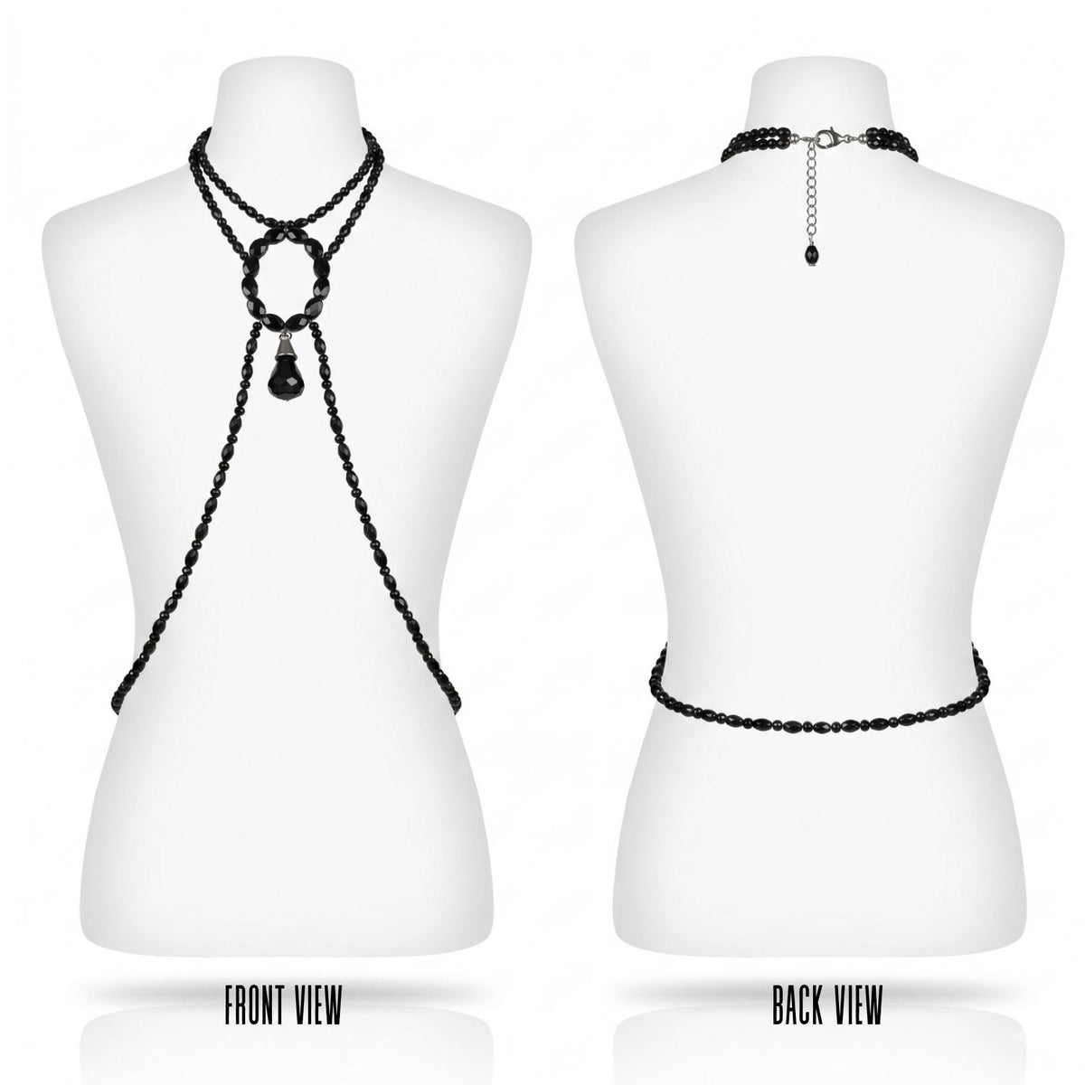 Detail shot of the Hera body necklace on a white mannequin torso, shown in labeled front and back views: the front view has beaded neck strands, an oval ring of larger faceted black beads at the chest with a black teardrop crystal pendant and long beaded strands draping down; the back view shows the beaded choker clasp with a short extender chain and the beaded strand wrapping around the waist.