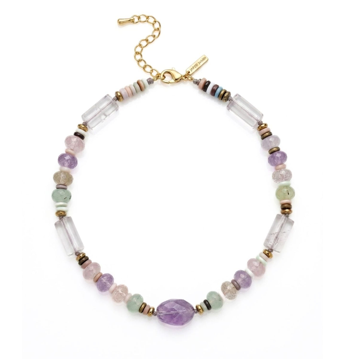 High-resolution studio shot of the Iris Amethyst and Multi-Gemstone Necklace arranged in a perfect circle, displaying the raw mineral textures of the quartz columns, the hand-knotted construction between focal stones, and the 18k gold-plated hardware.