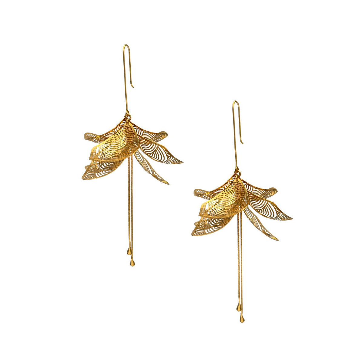 High-resolution studio product shot of the pair of gold JAREDJAMIN Leilani Statement Earrings against a clean white backdrop, detailing their three-dimensional 18k gold-plated brass petal clusters, laser-cut filigree, and long kinetic stamens.