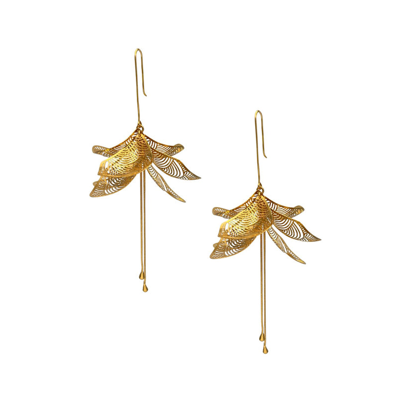 High-resolution studio product shot of the pair of gold JAREDJAMIN Leilani Statement Earrings against a clean white backdrop, detailing their three-dimensional 18k gold-plated brass petal clusters, laser-cut filigree, and long kinetic stamens.