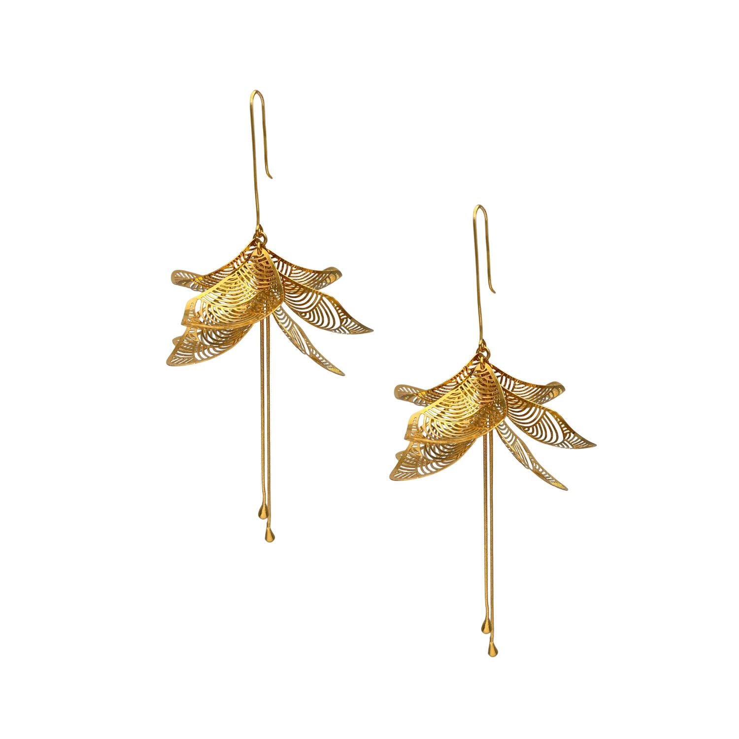 High-resolution studio product shot of the pair of gold JAREDJAMIN Leilani Statement Earrings against a clean white backdrop, detailing their three-dimensional 18k gold-plated brass petal clusters, laser-cut filigree, and long kinetic stamens.