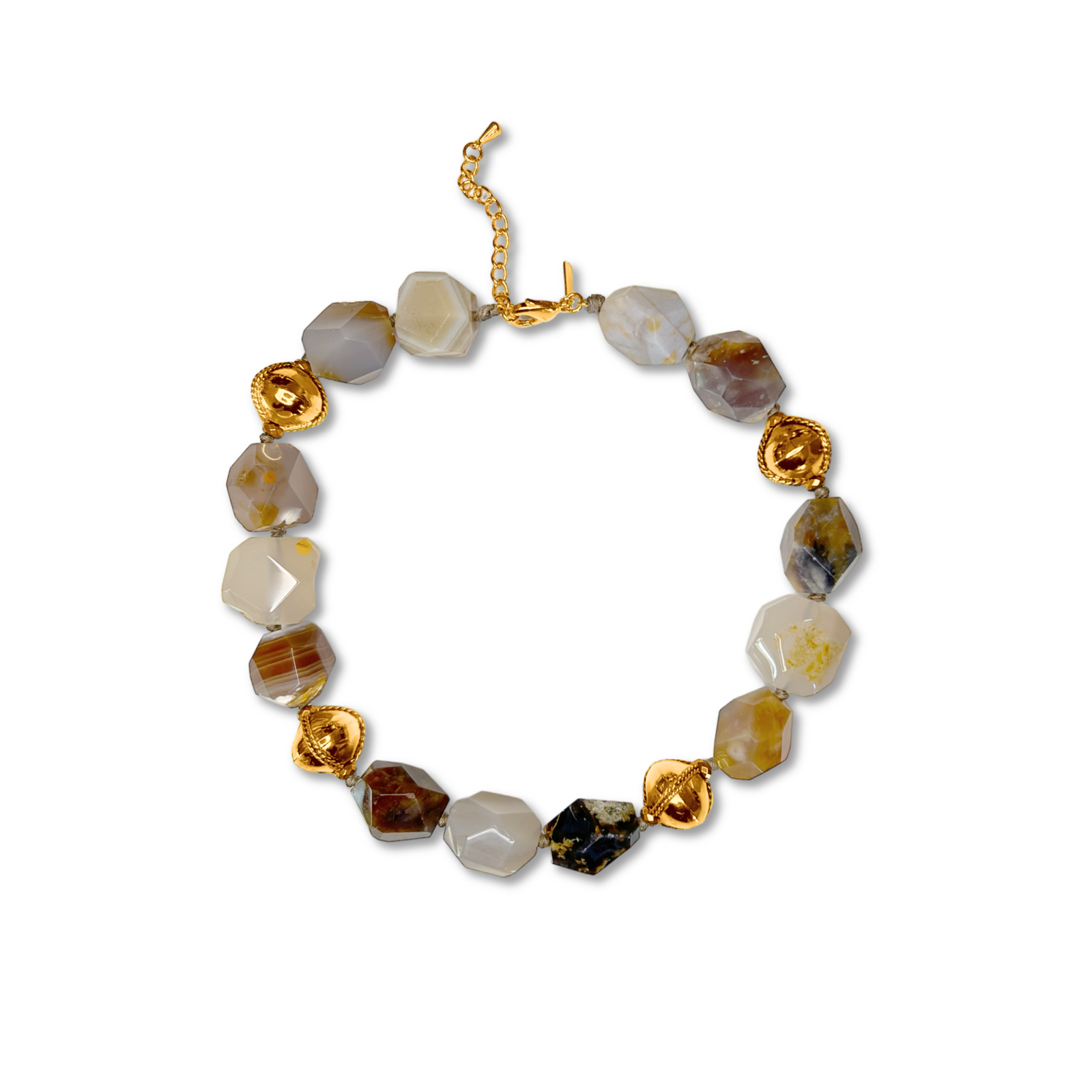 The Isolde Agate Necklace from JAREDJAMIN Jewelry Online showcases large faceted agate in white, gray, brown, and gold tones with textured gold-toned beads and an 18k gold-plated adjustable chain for an elegant finish.