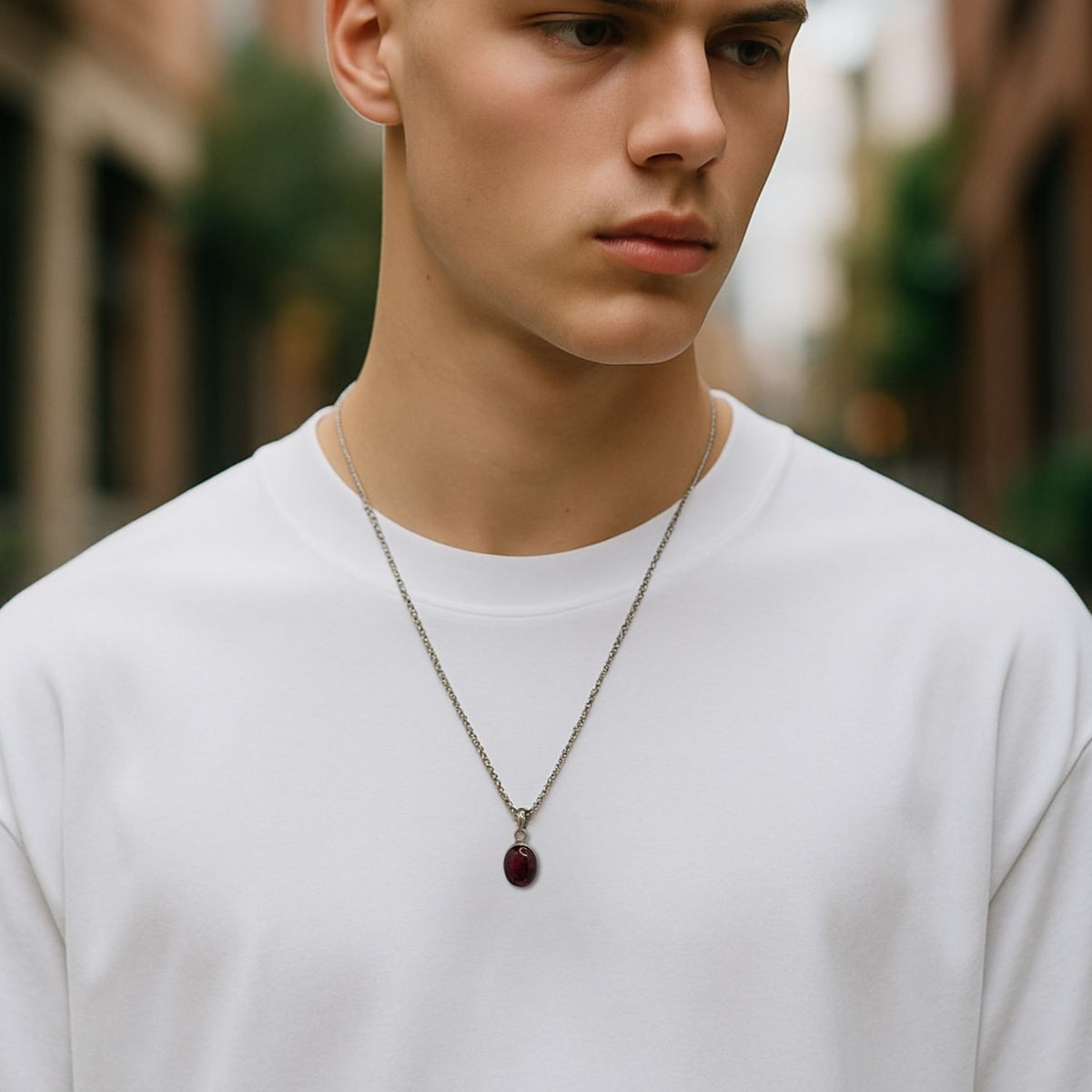 A young person outdoors wears a plain white crew-neck shirt and the Gage Garnet Necklace by JAREDJAMIN Jewelry Online, featuring a sterling silver chain with a dark red oval garnet charm. Their face is partially visible against blurred buildings and greenery.