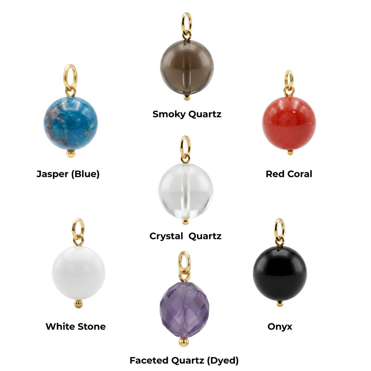 Seven round gemstone charms with gold loops—smoky quartz, blue jasper, red coral, crystal quartz, white stone, faceted purple quartz, and black onyx—adorn JAREDJAMIN Jewelry Online's Hooptastic Gemstone Drop Gold Hoop Earrings.