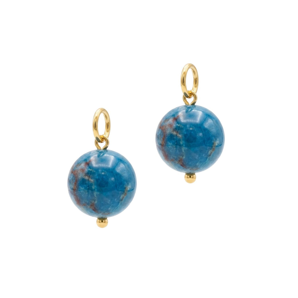 The Hooptastic Gemstone Drop Gold Hoop Earrings by JAREDJAMIN Jewelry Online feature round blue marbled stone beads with brown and gray accents, each finished with a tiny gold bead and attached to small gold hoops, shown on a white background.