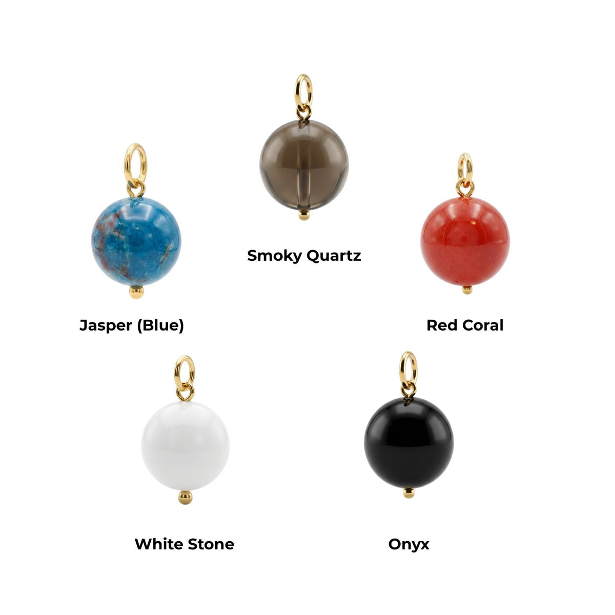 Five 16MM Smooth Ball Earring Charms by JAREDJAMIN Jewelry Online, featuring blue Jasper, smoky Quartz, red Coral, white Stone, and black Onyx with 18K gold plated loops, are arranged on a white background and labeled in black text.