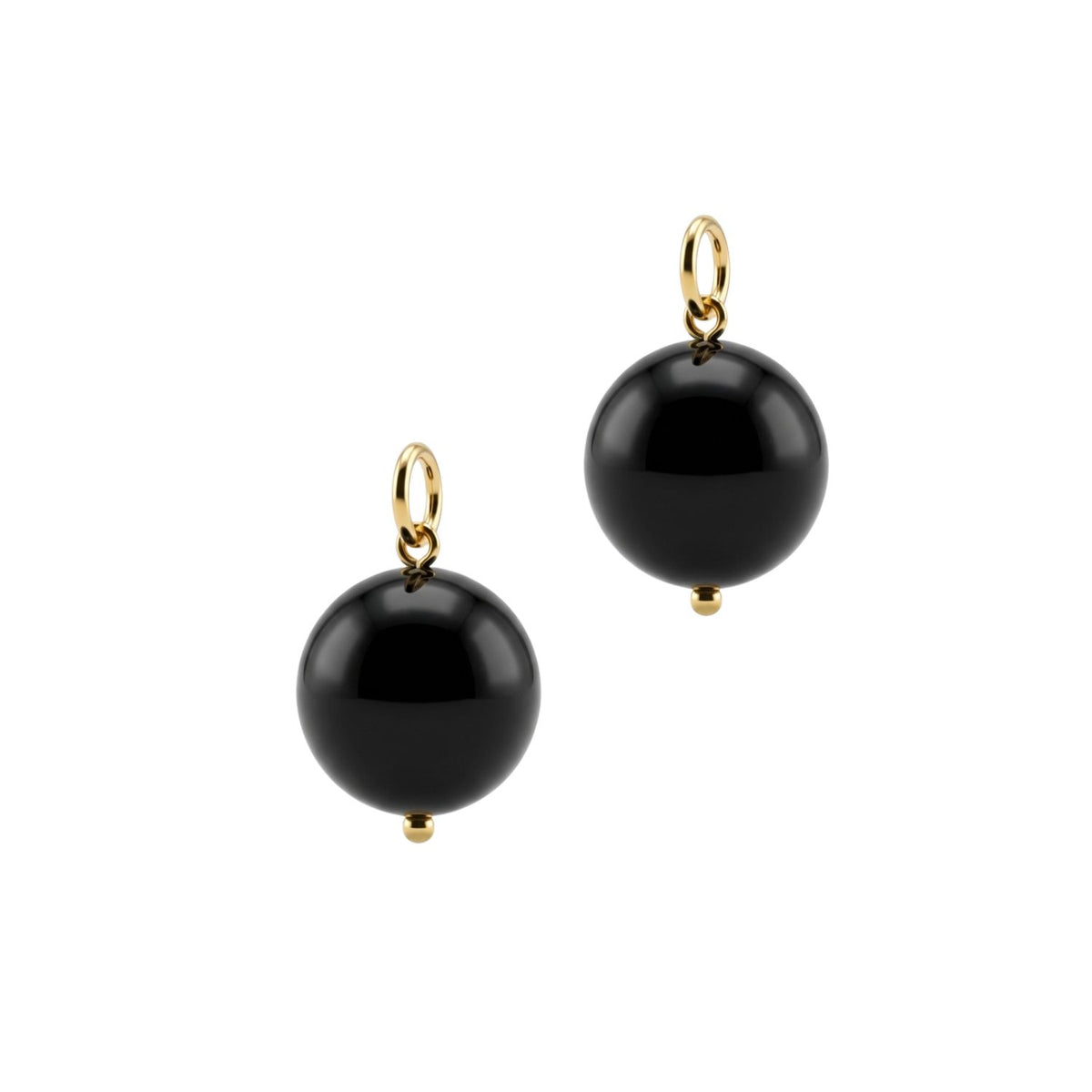 Two round, glossy black gemstone charms with gold loops and caps create a polished look, perfect for adding to your favorite Hooptastic Gemstone Drop Gold Hoop Earrings by JAREDJAMIN Jewelry Online.