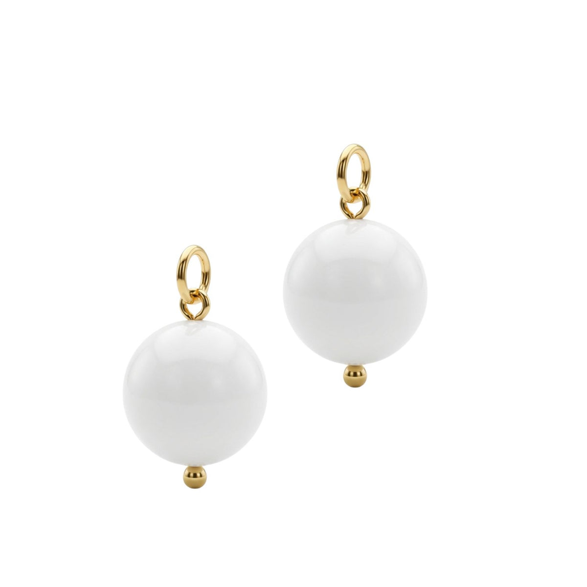 The Hooptastic Gemstone Drop Gold Hoop Earrings by JAREDJAMIN Jewelry Online feature large, round white pearls with gold beads, suspended from small 18K gold hoops in a simple, classic design.