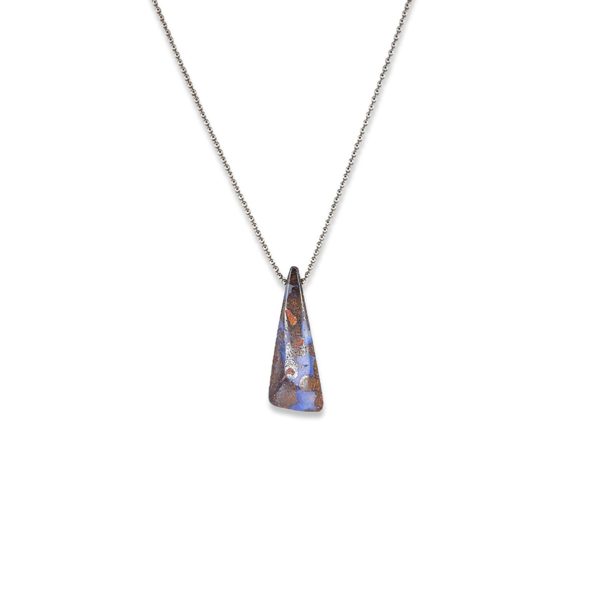 The Down Under Australian Boulder Opal Sterling Necklace by JAREDJAMIN Jewelry Online showcases a trapezoidal opal pendant with brown, tan, and blue-purple hues in natural patterns on a sterling silver chain.