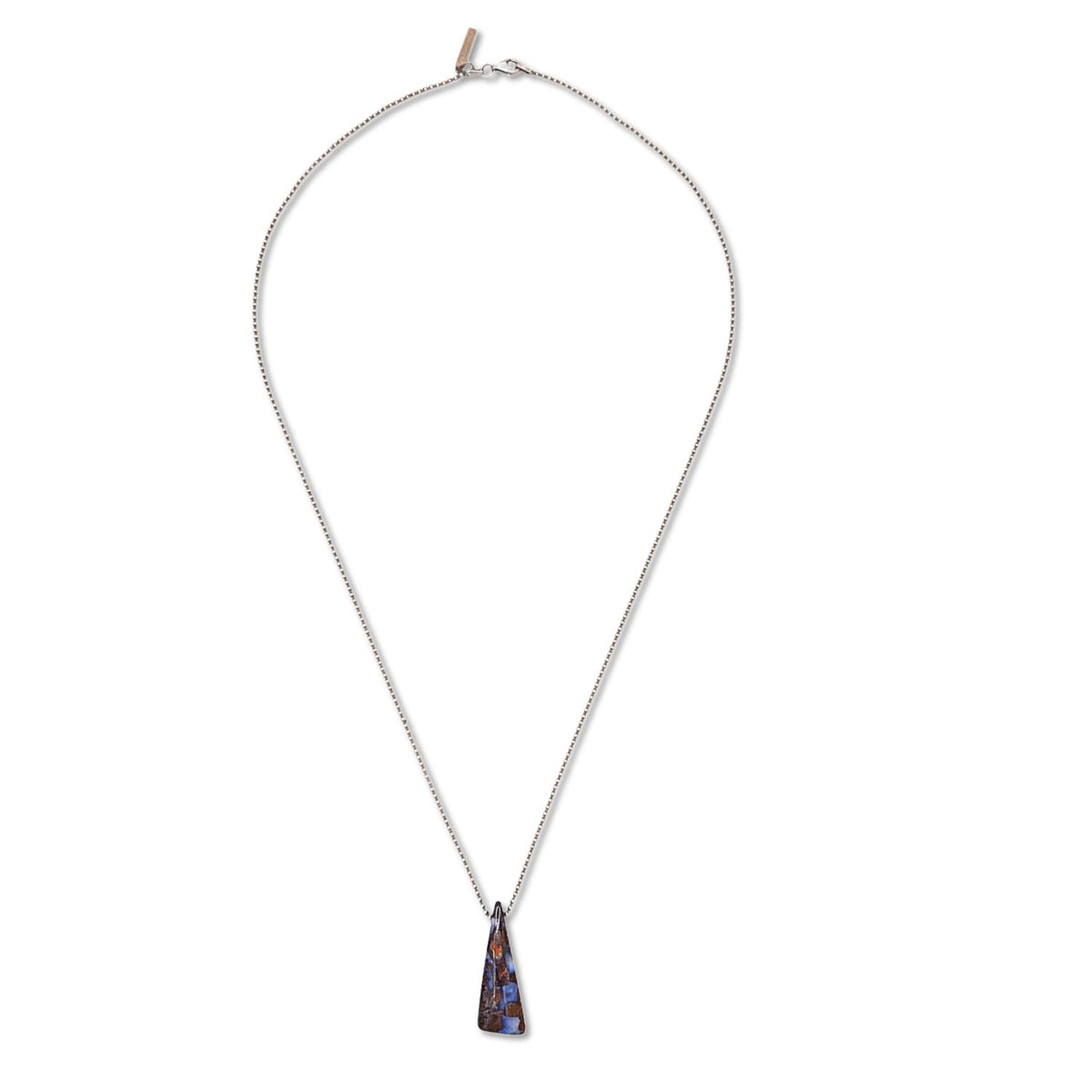 The Down Under Australian Boulder Opal Sterling Necklace by JAREDJAMIN Jewelry Online features a triangular marbled purple and brown opal pendant on a delicate, unclasped silver chain, displayed against a white background.