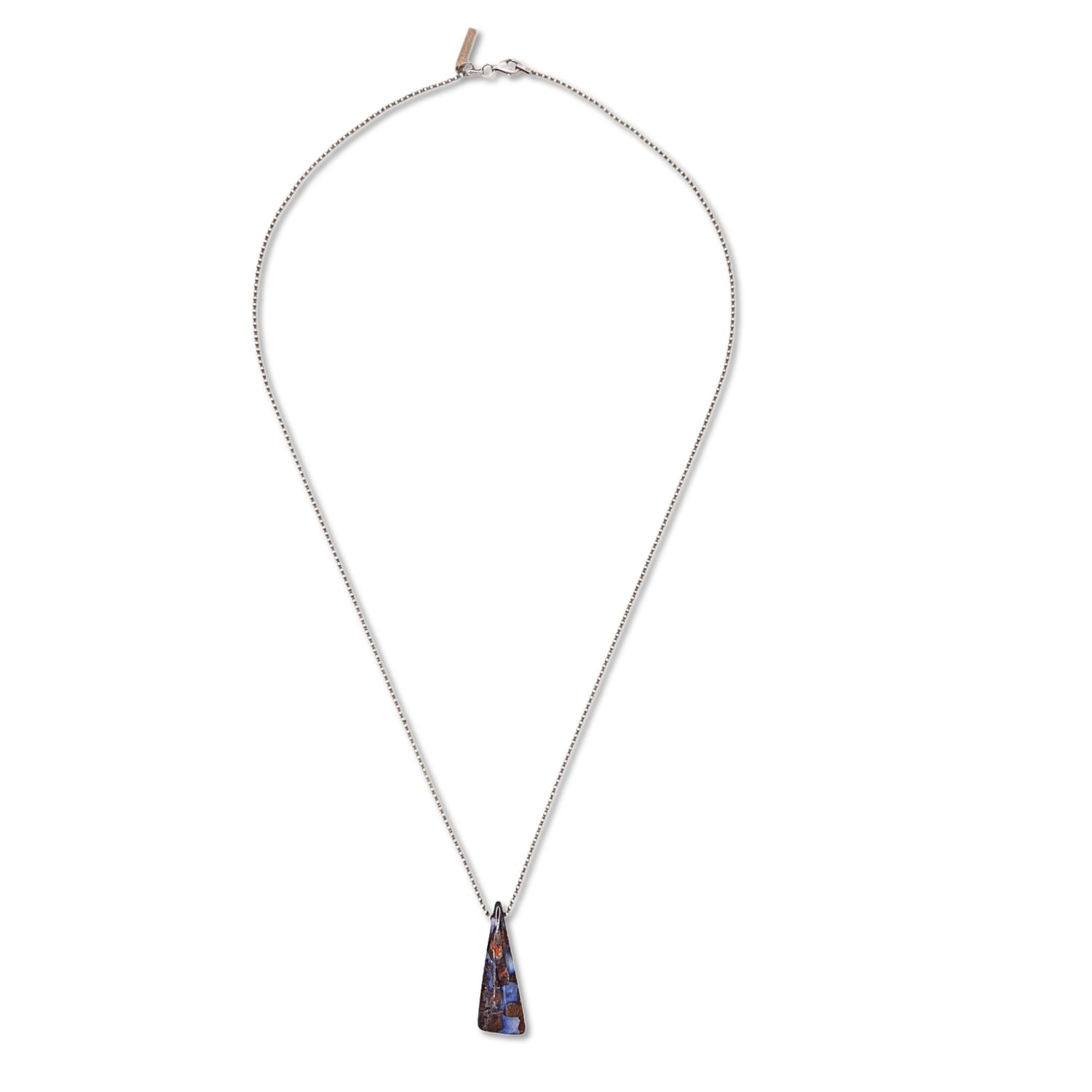 The Down Under Australian Boulder Opal Sterling Necklace by JAREDJAMIN Jewelry Online features a triangular marbled purple and brown opal pendant on a delicate, unclasped silver chain, displayed against a white background.
