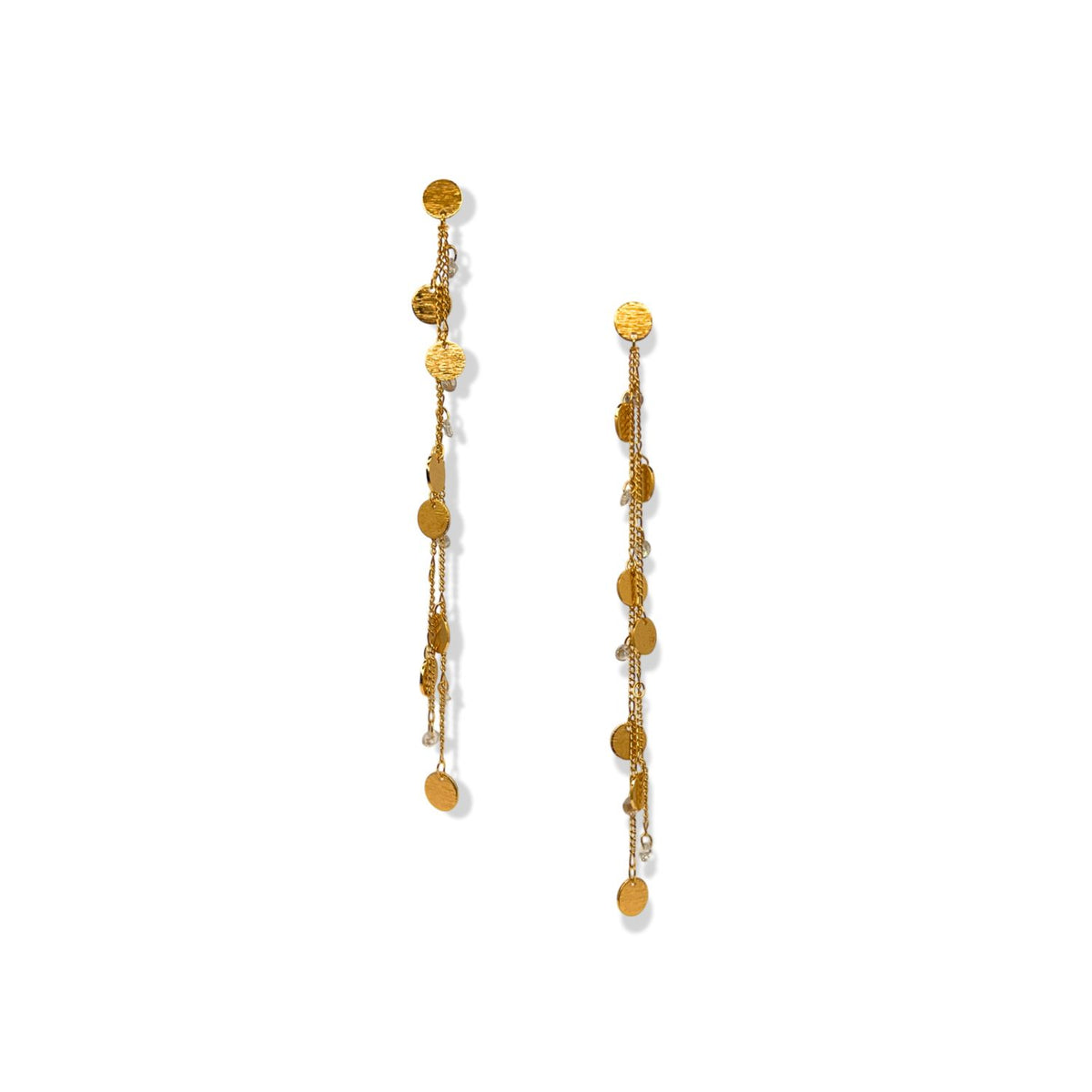 The Babylonica Dangle Post Earrings by JAREDJAMIN Jewelry Online feature long, gold-plated chains with small, round discs layered elegantly. Displayed side by side on a plain white background, they showcase an intricate, shimmering design.