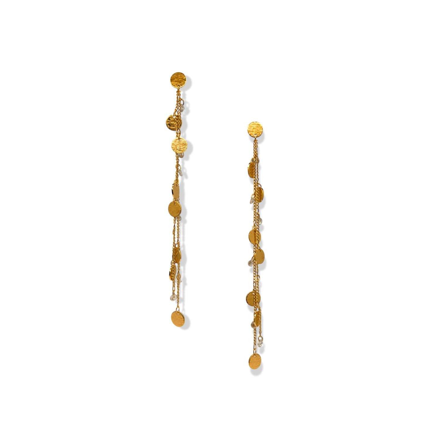 The Babylonica Dangle Post Earrings by JAREDJAMIN Jewelry Online feature long gold-plated chains adorned with small, textured discs and sparkling cubic zirconia in an elegant, cascading design.