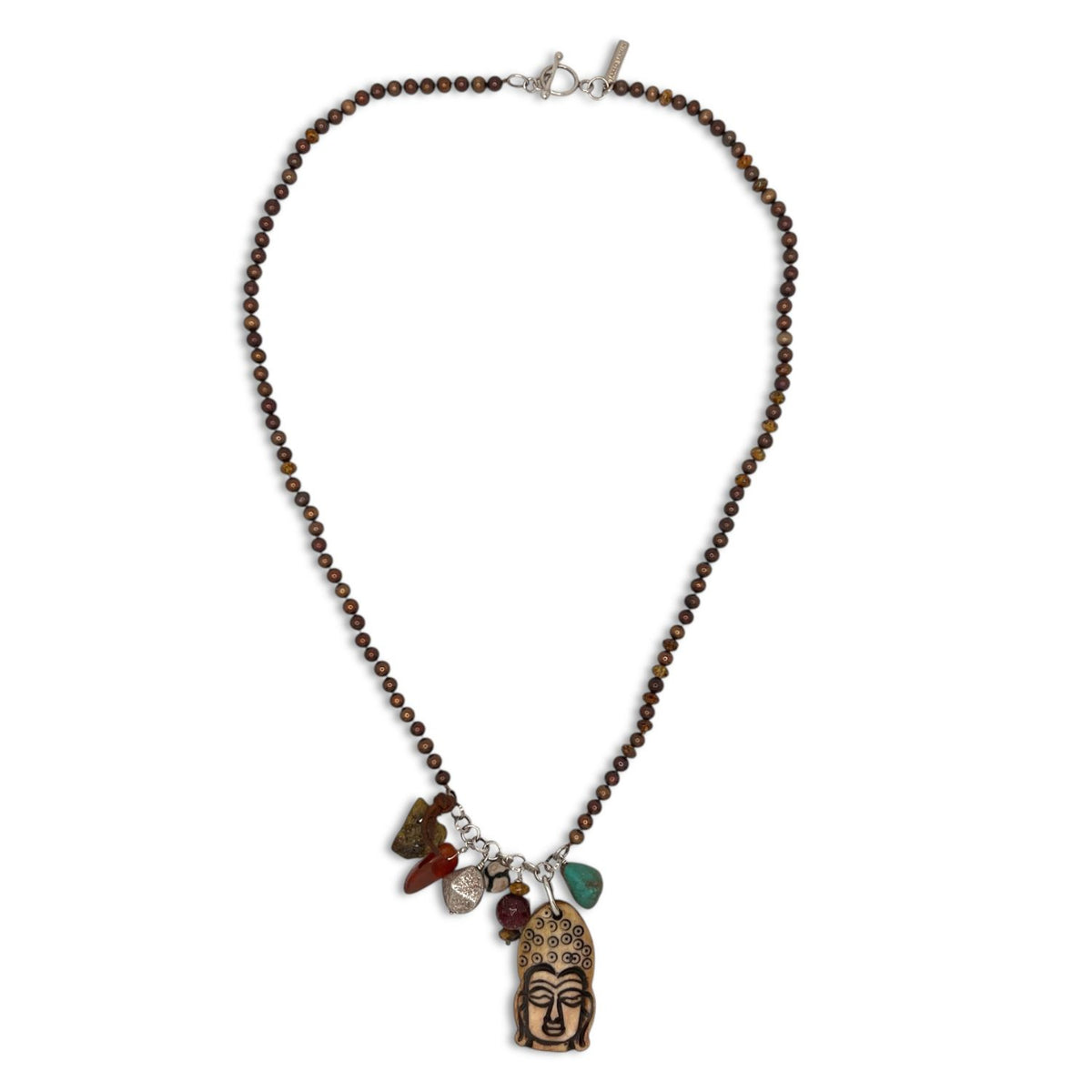 Los Buddha Meanderings Beaded collar de JAREDJAMIN Joyería Online features a light brown Buddha head colgante con dark accents y five jasper stone dijes in red, green, y brown on plata loops, finished con a simple plata clasp.