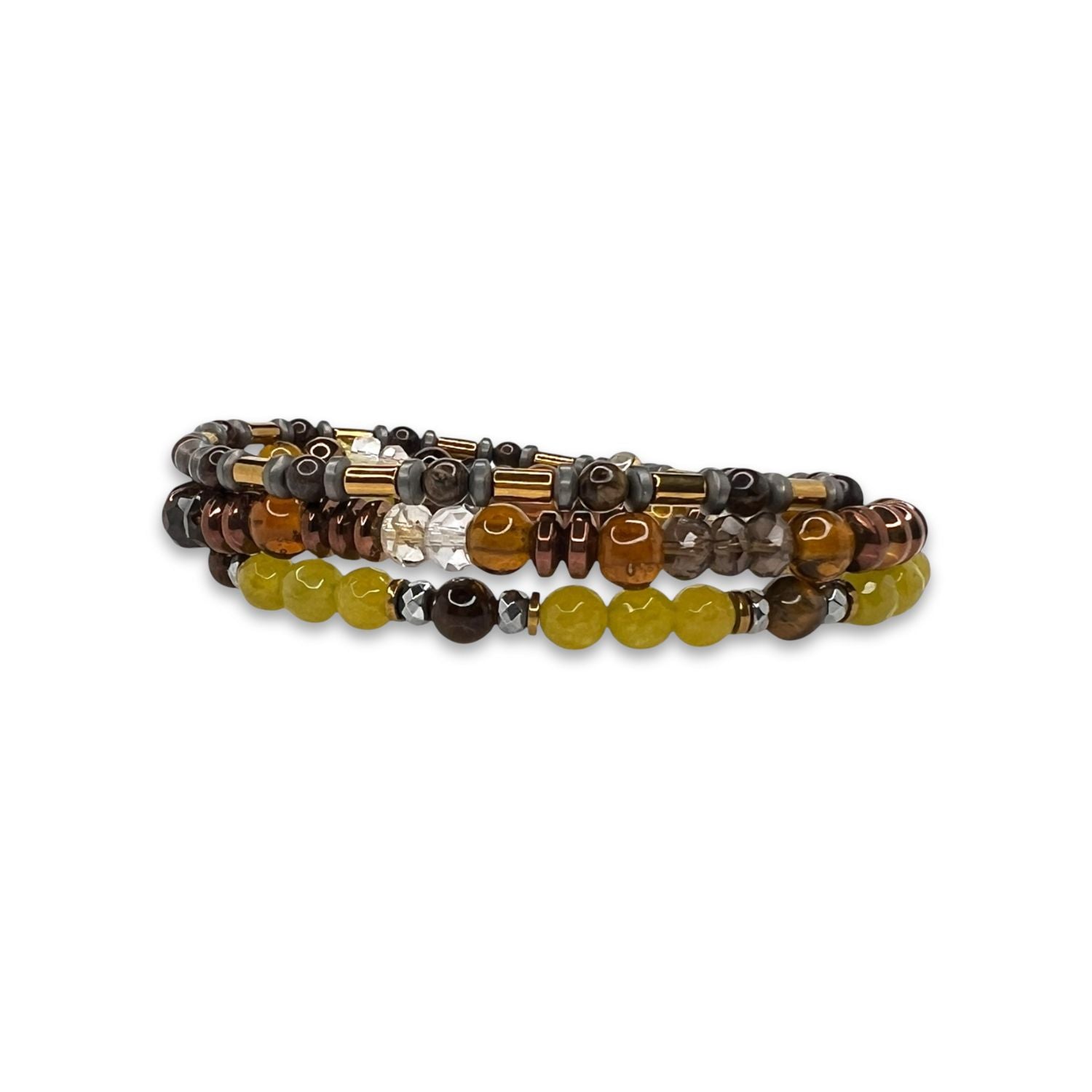 The Canyon Country Bracelet Set by JAREDJAMIN Jewelry Online features three stacked stretch bracelets with round gemstone beads in earthy brown, gold, copper, clear, and olive green for a bohemian-inspired style.