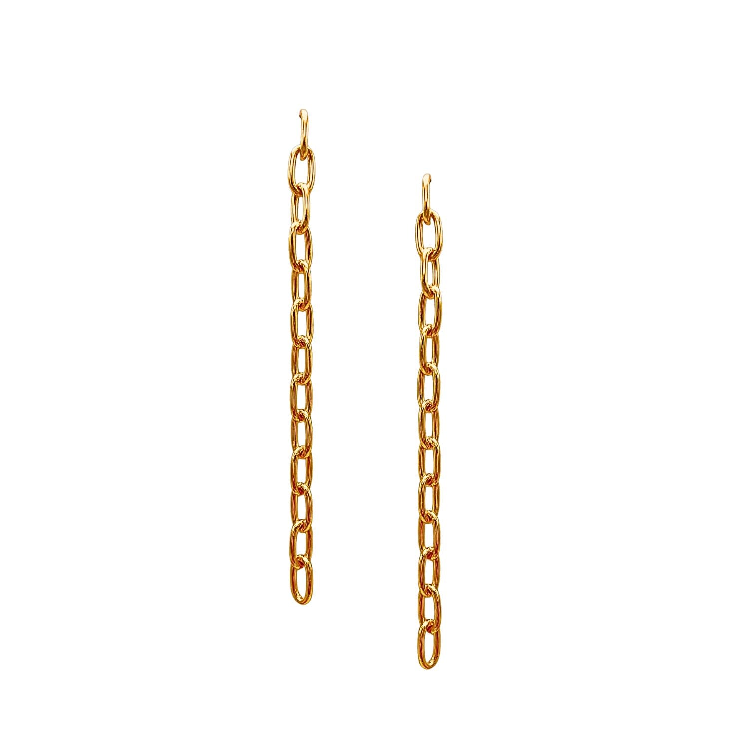 The Chain Reaction Dangle Post Earrings by JAREDJAMIN Jewelry Online feature five vertical elongated oval link chains, 18K gold-plated, and are presented on a plain white background.