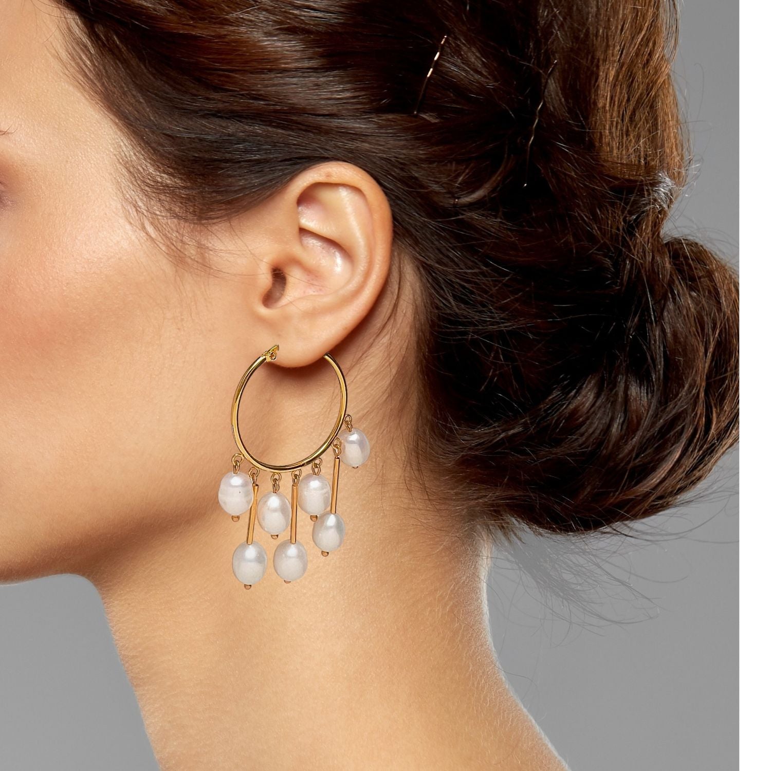 The Daniela Dangle Hoop Pearl Earrings by JAREDJAMIN Jewelry Online feature five Freshwater pearls on gold-plated rods in a fan design, with a smooth, shiny finish that highlights their 3D form against a white background.
