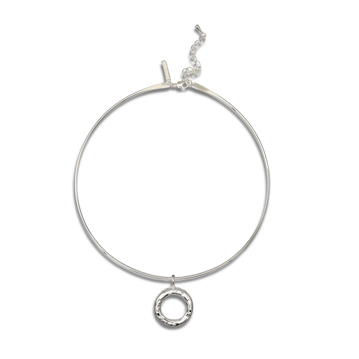 The Silver Doughnut Pendant Collar Necklace by JAREDJAMIN Jewelry Online is a minimalist, modern silver choker with an adjustable lobster clasp and a central textured doughnut pendant in a shiny finish.